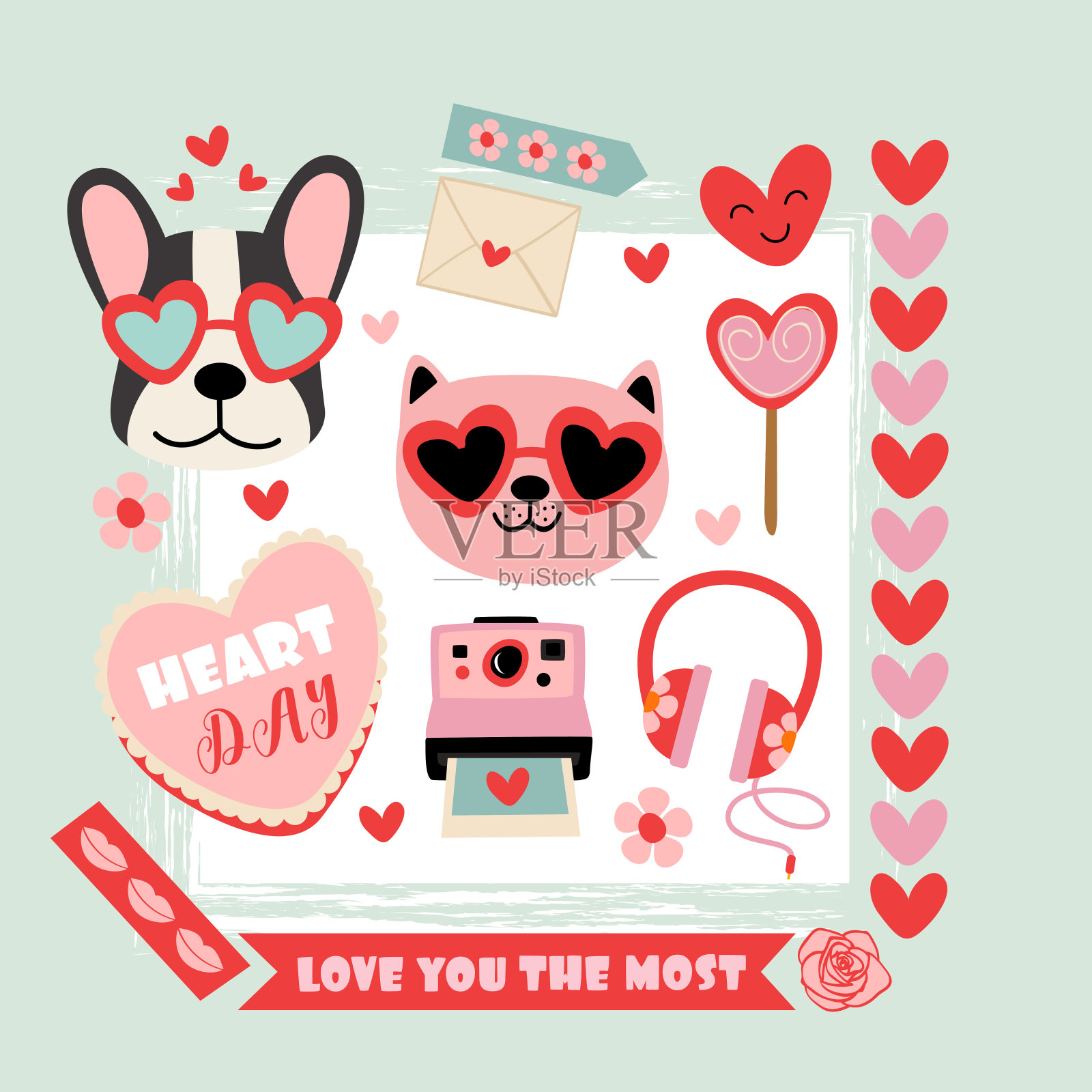 带有狗、猫、爱元素的情人节贺卡插画图片素材