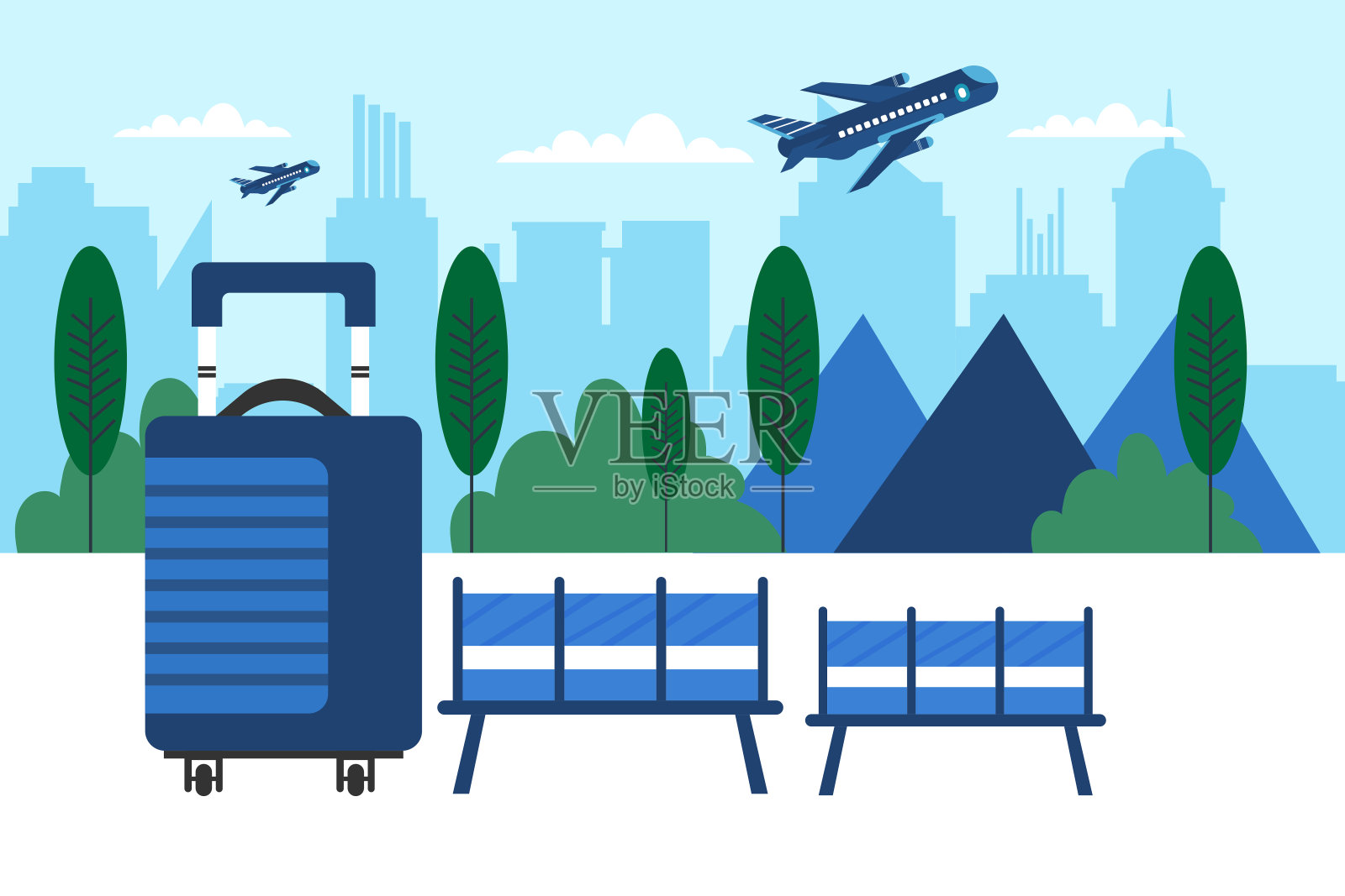 照片蓝色手提箱与城市景观背景。世界旅行矢量概念插画图片素材
