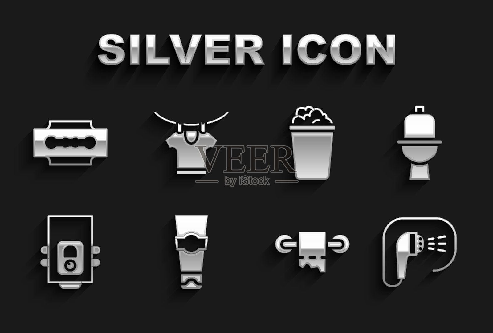 设置管牙膏,抽水马桶,淋浴,纸卷,燃气锅炉,桶肥皂泡沫,刀片剃须刀和烘干衣服图标。向量图标素材