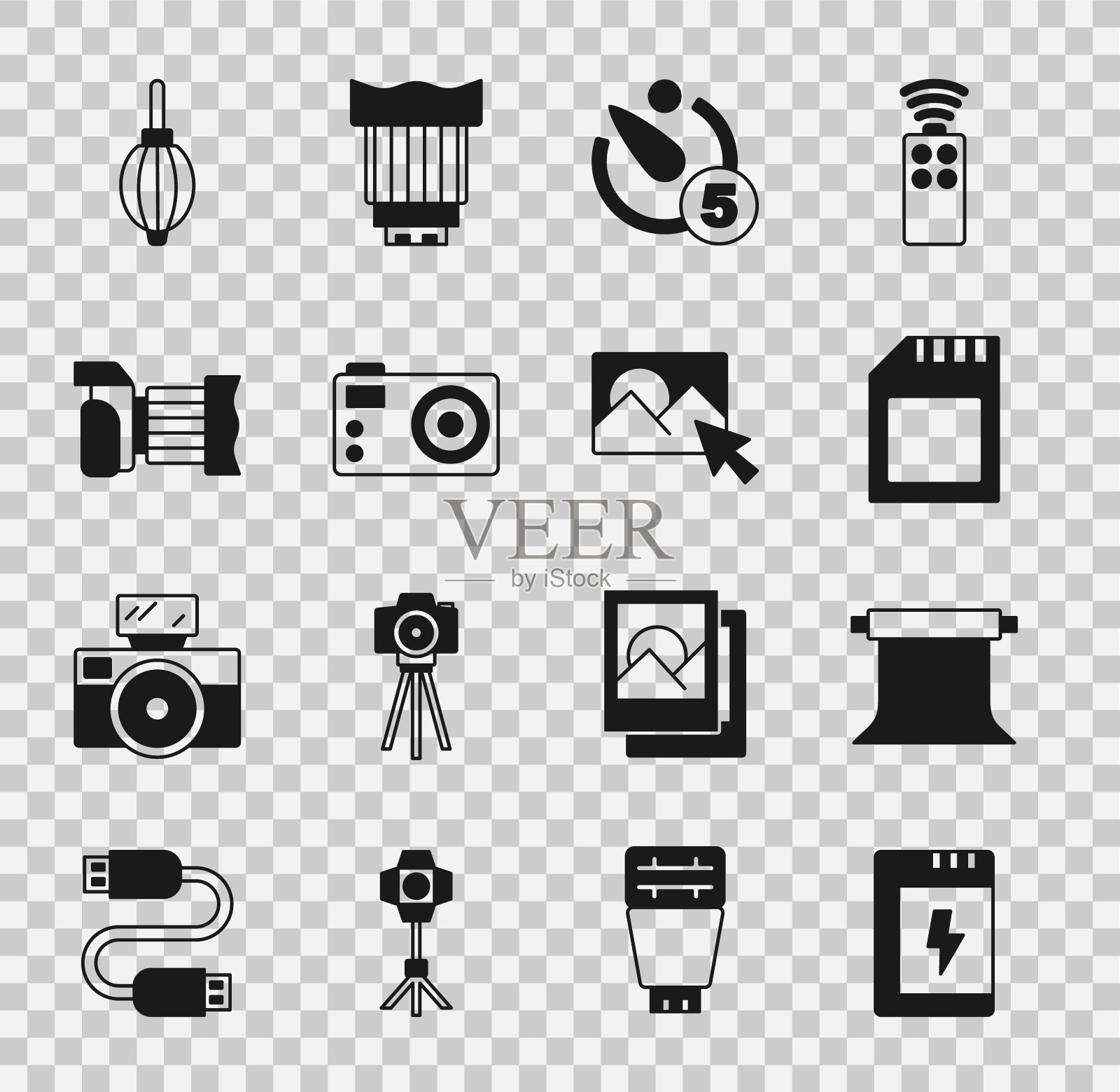 设置相机电池,空照相馆,SD卡,相机定时器,照片,吹尘器和修饰图标。向量图标素材