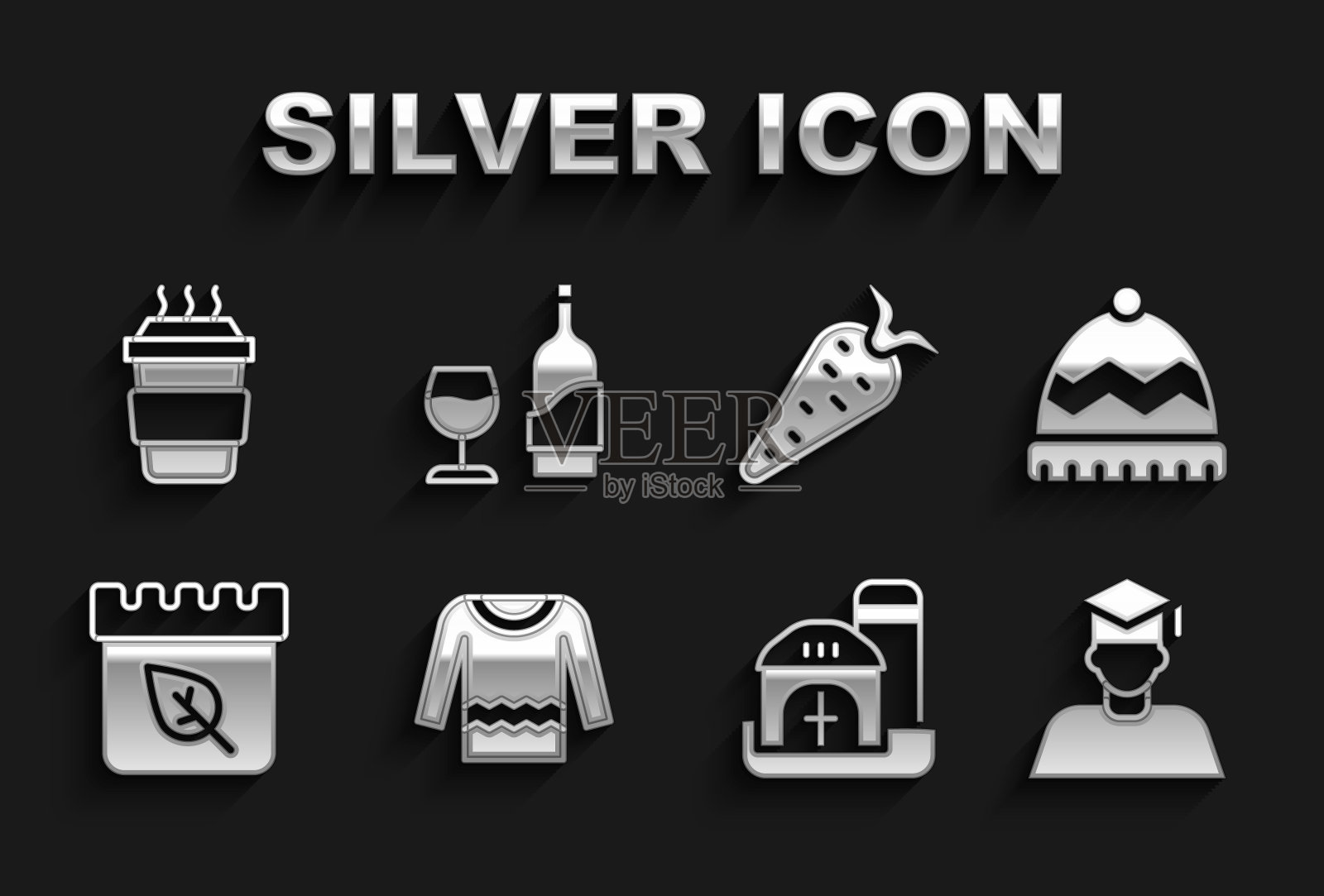 设置毛衣,冬季帽子,毕业生和毕业帽,农场房子,日历与秋叶,胡萝卜,咖啡杯去和葡萄酒酒瓶玻璃图标。向量图标素材