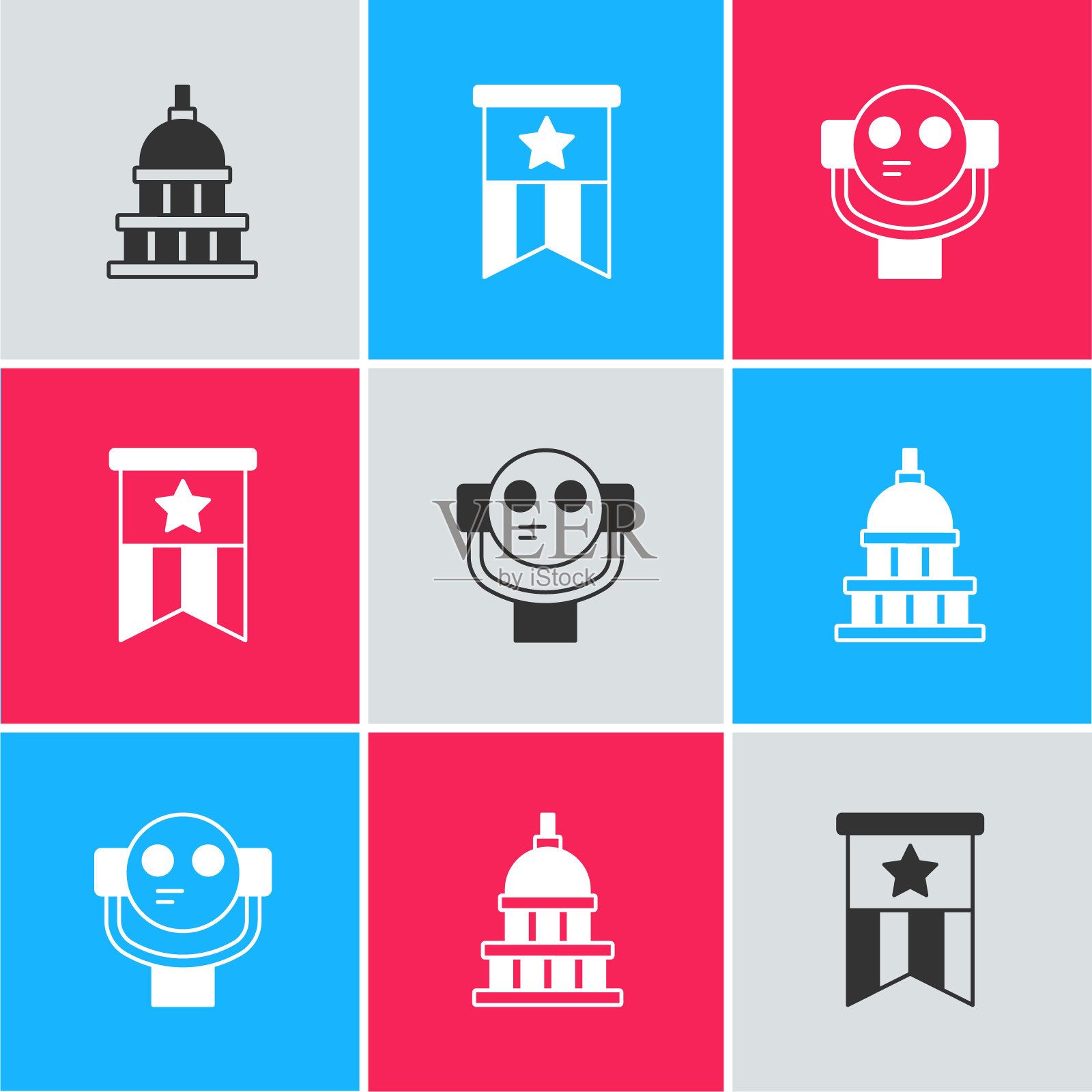 设置白宫,美国国旗和旅游望远镜图标。向量插画图片素材