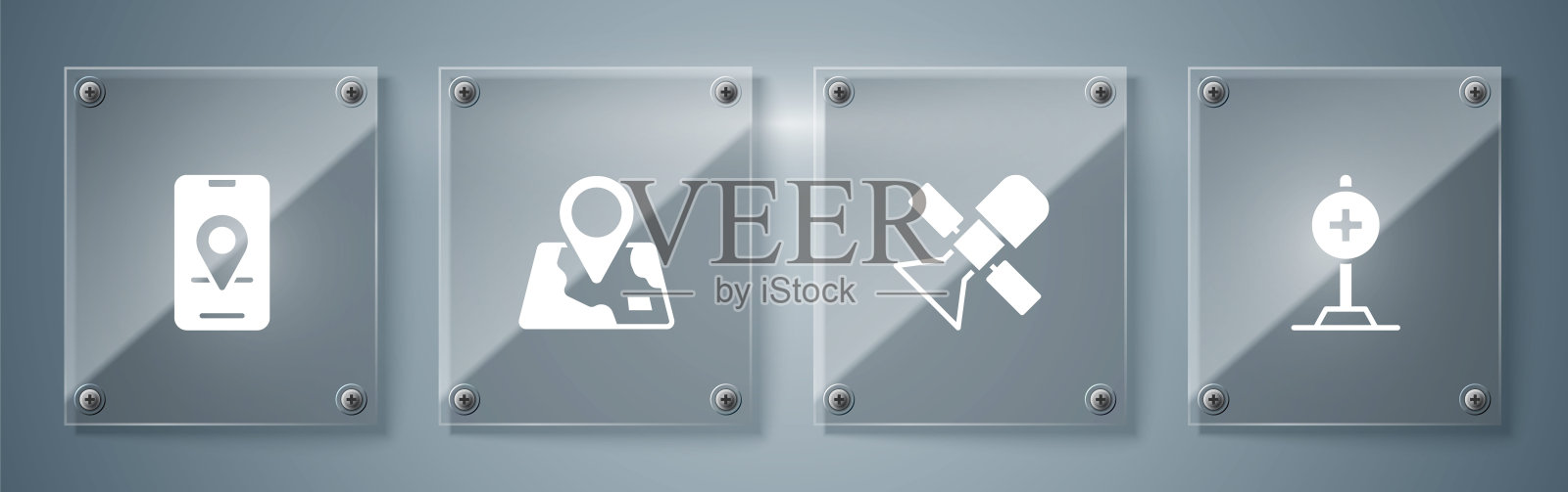 设置位置与交叉医院,卫星,折叠地图位置标记和城市导航。方形玻璃面板。向量插画图片素材