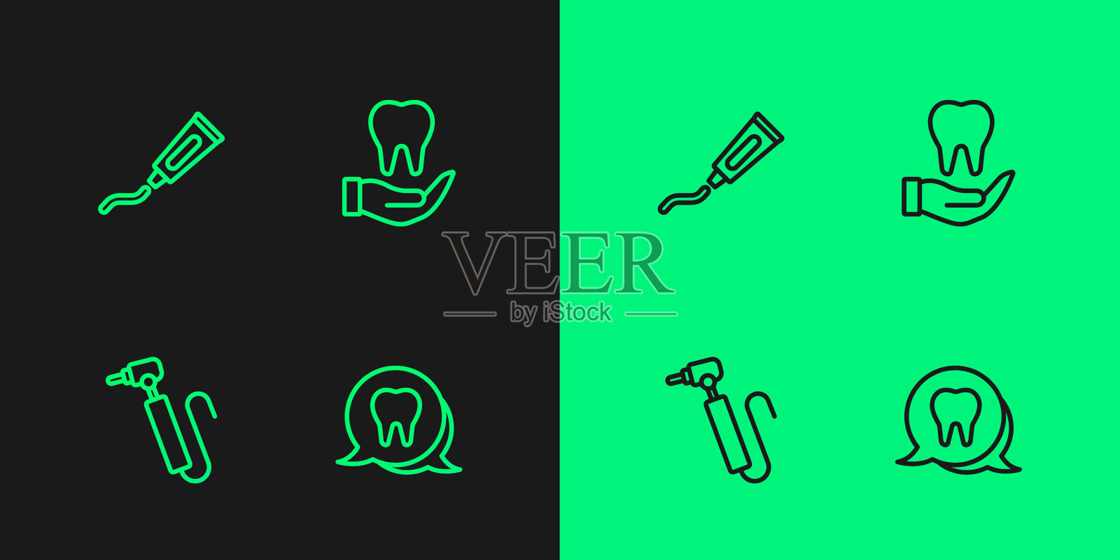 设置线牙齿,钻头,牙膏管和图标。向量图标素材