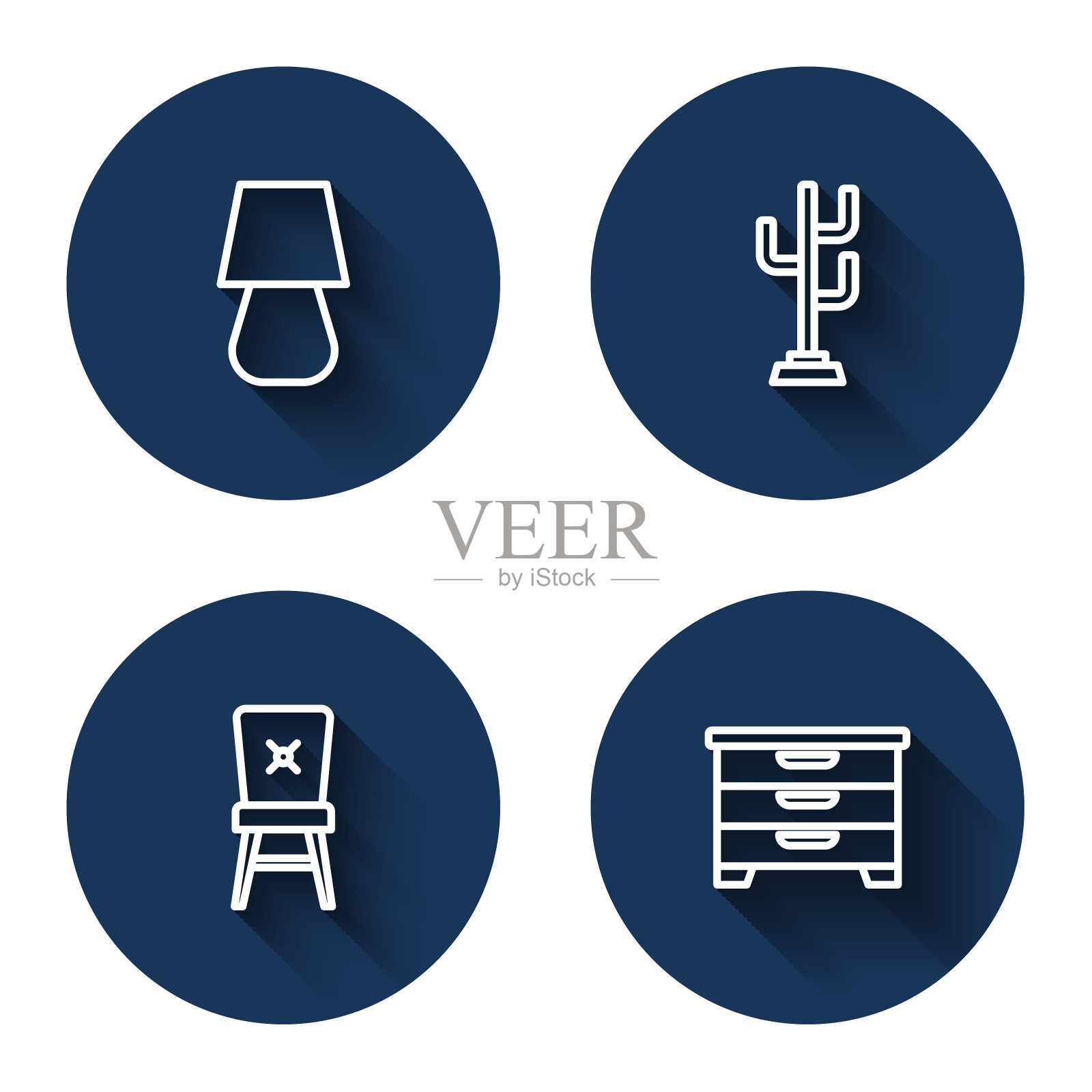 设置台灯,衣帽架,椅子和长影子的五斗柜。蓝色圆按钮。向量插画图片素材