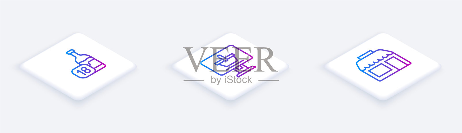 在电脑上设置酒瓶、购物车、商场等等距线。白色正方形按钮。向量图标素材