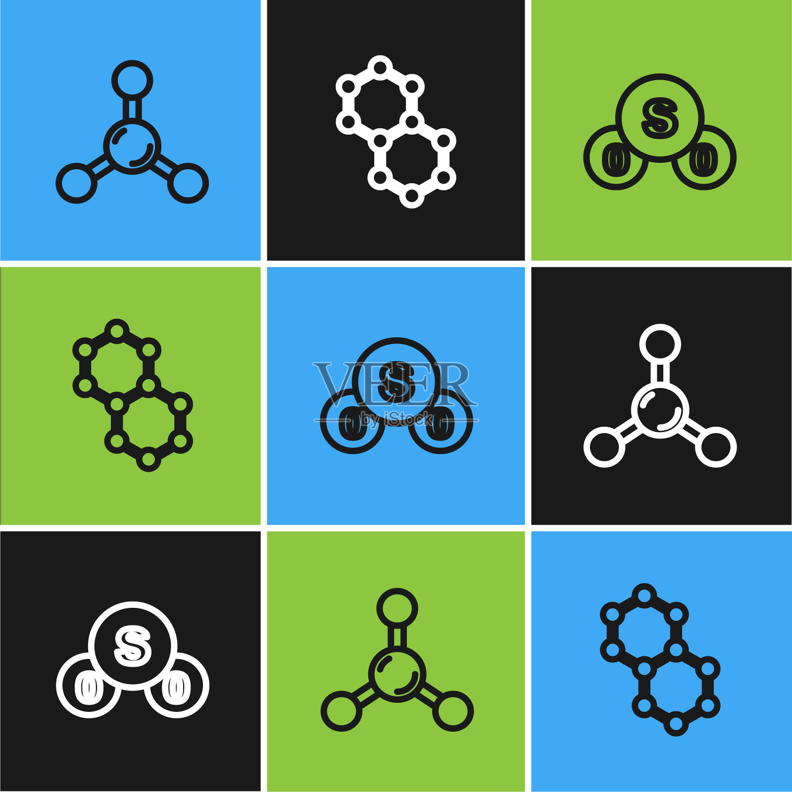 设置线分子,二氧化硫,二氧化硫和图标。向量图标素材