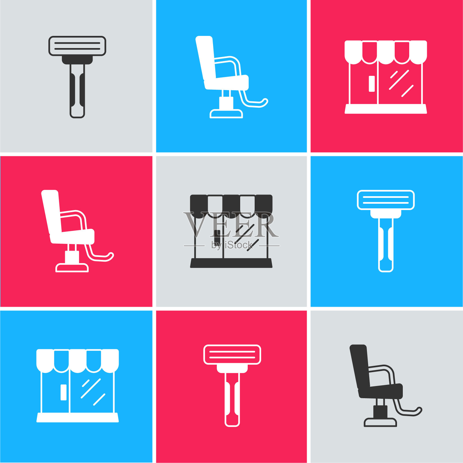 设置剃须刀,理发店椅子和建筑图标。向量插画图片素材