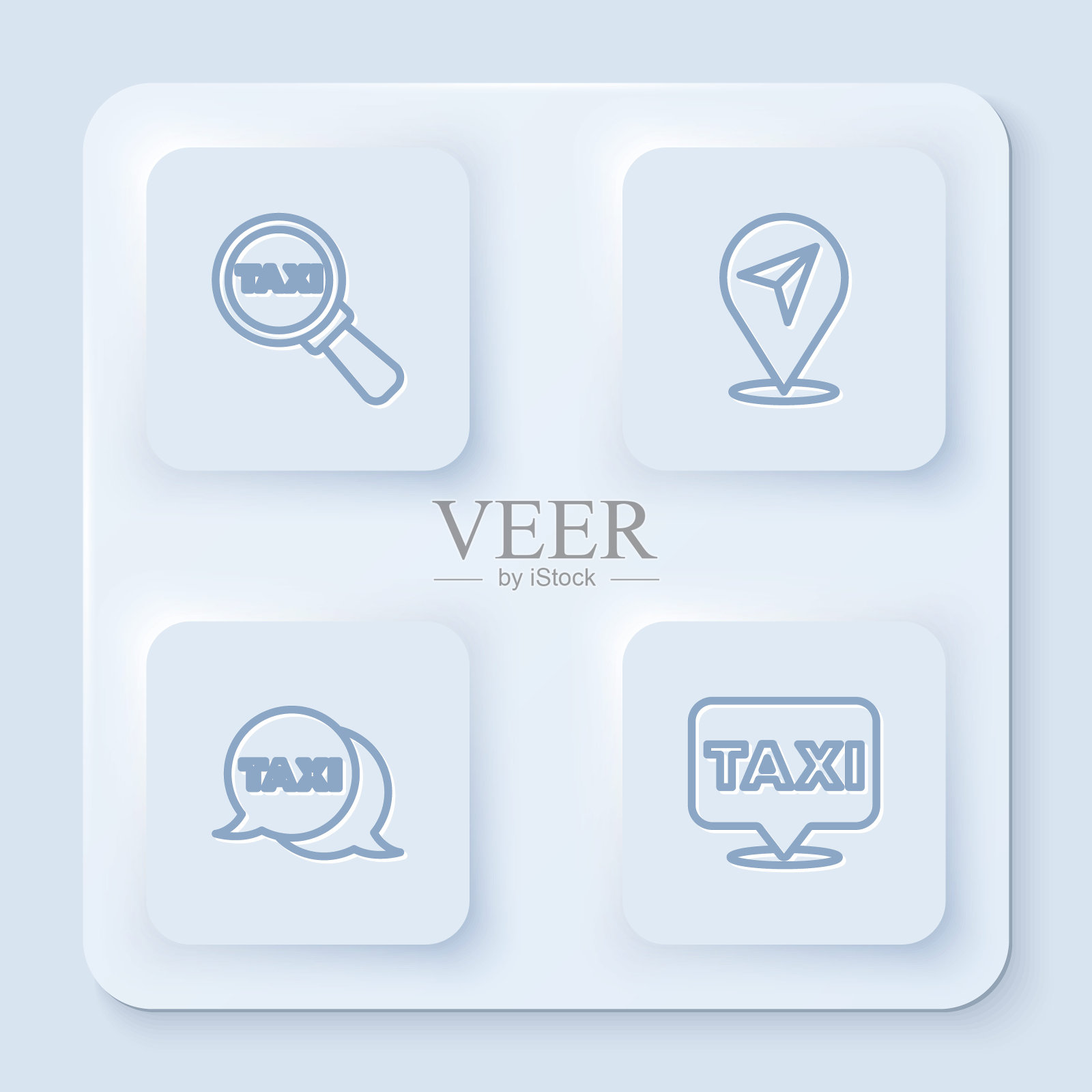 设有出租车线路放大镜、定位、出租车电话和电话服务。白色正方形按钮。向量插画图片素材
