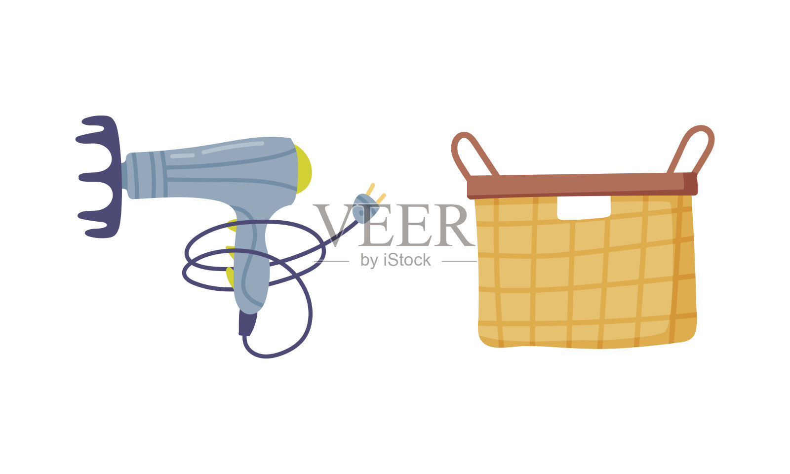 吹风机或吹风机的头发干燥和洗衣篮向量集插画图片素材