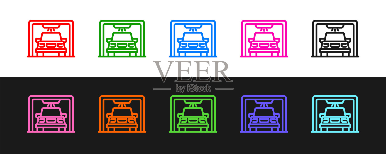 设置行洗车图标孤立在黑白背景上。洗车服务和水云图标。向量图标素材