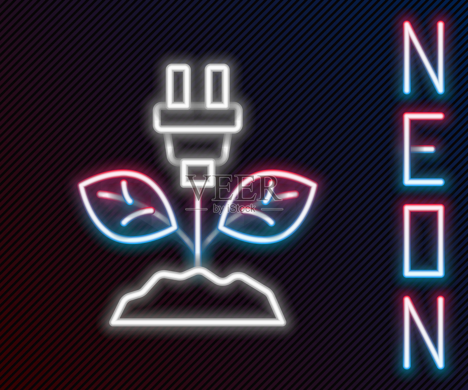 发光的霓虹灯线电节省插头的叶子图标孤立在黑色背景上。节约能源电力。环境保护。生物能源。色彩斑斓的轮廓的概念。向量插画图片素材