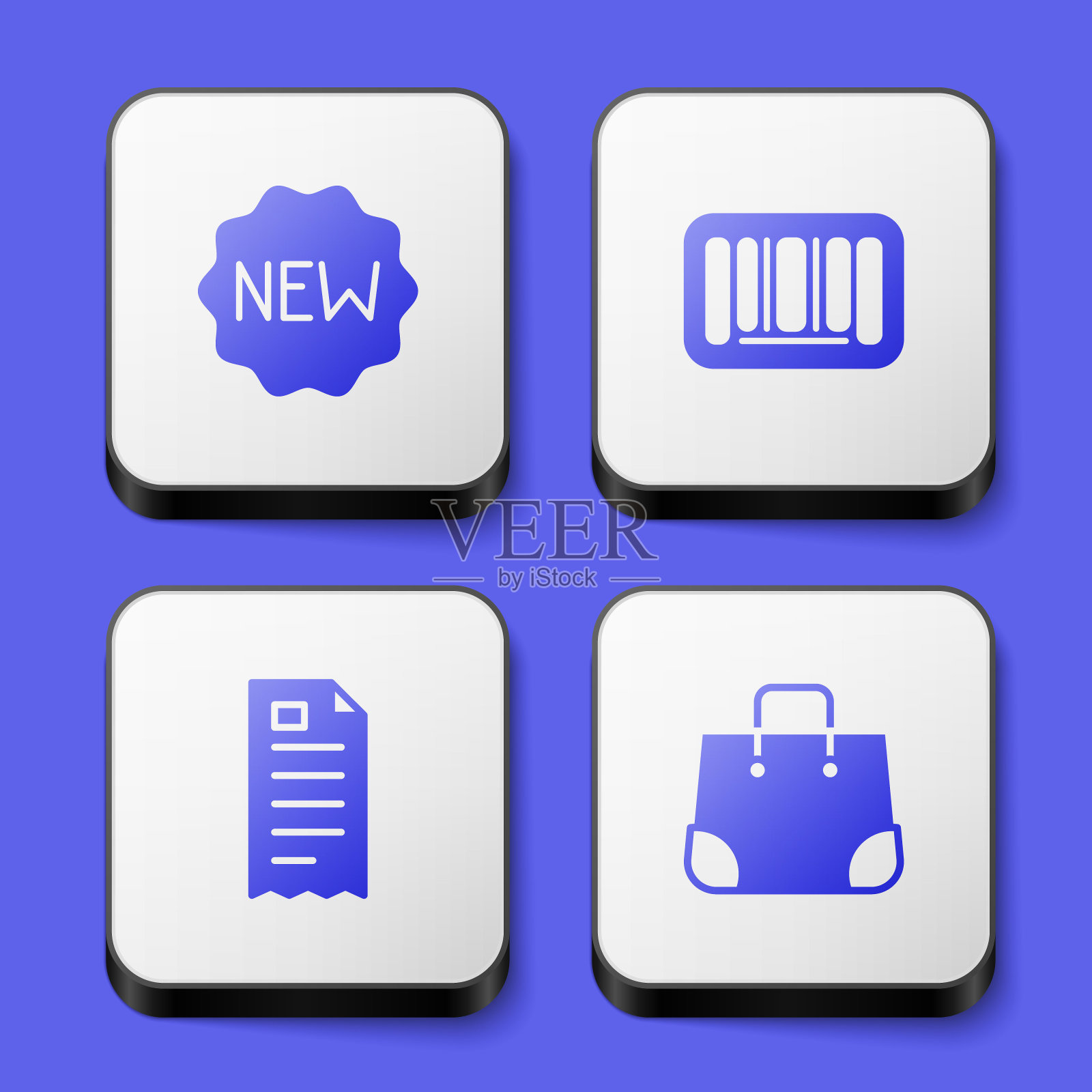 设置价格标签与新的,条形码,财务检查和纸购物袋图标。白色正方形按钮。向量图标素材