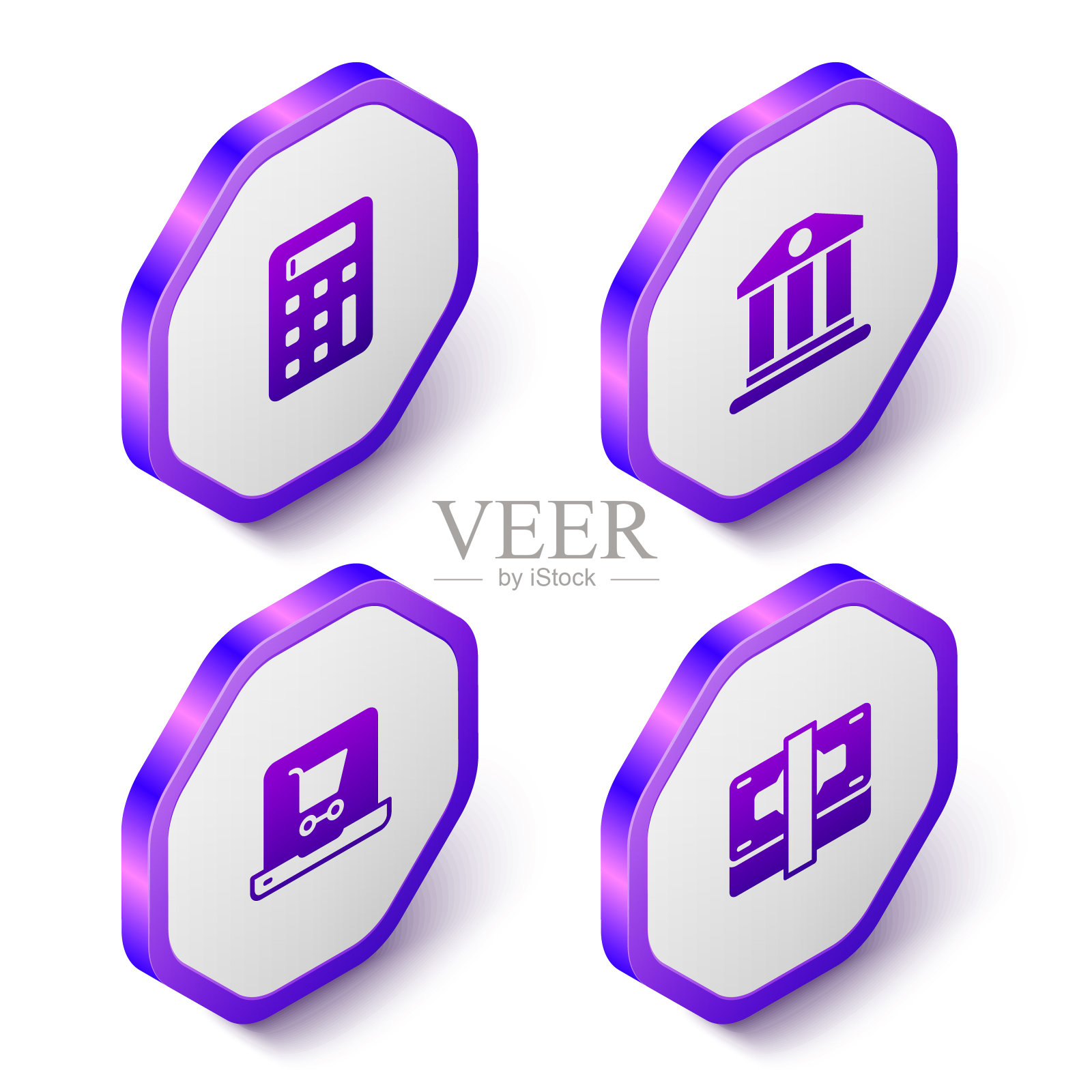 设置等距计算器,银行大楼,购物车在屏幕笔记本电脑和堆栈纸钱现金图标。紫色的六角按钮。向量图标素材