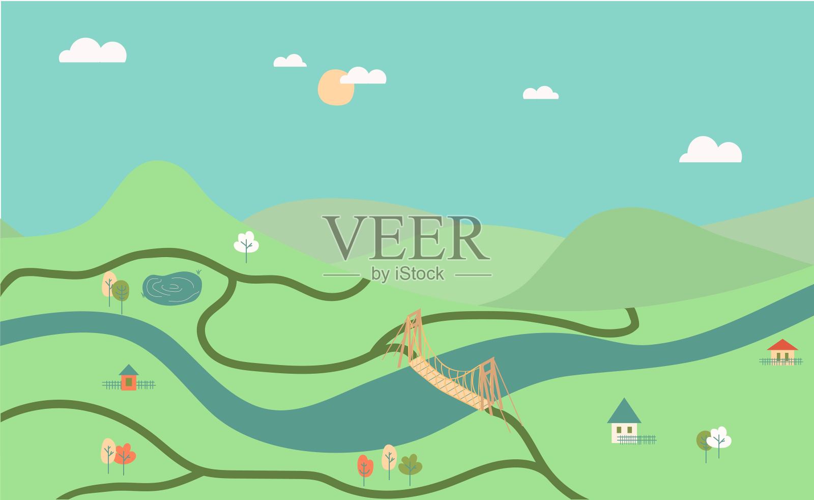 地图或风景的说明。用于卡片或图片的圣殿。山、路和河。背景对象插画图片素材