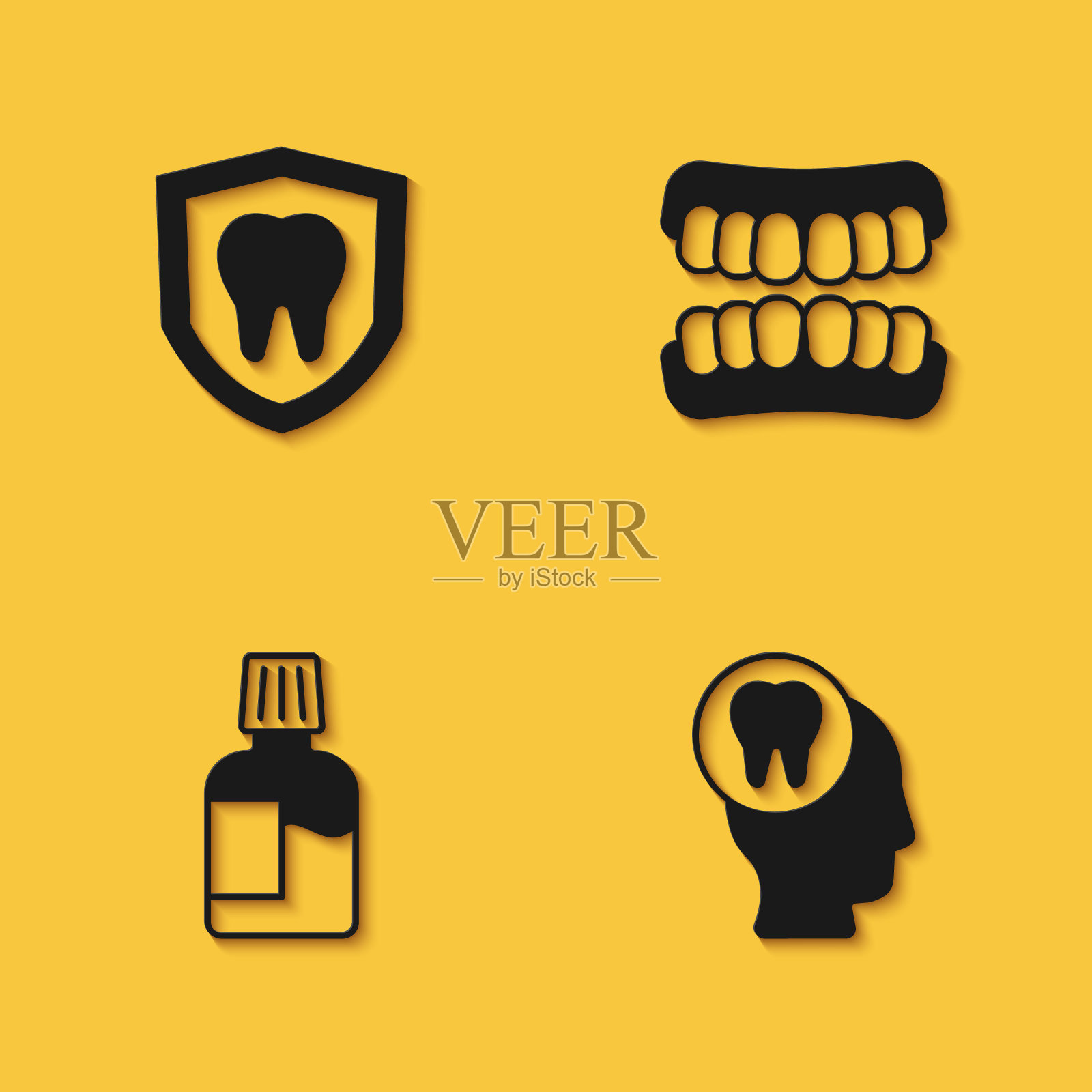 设置牙齿保护,牙痛,漱口水和假牙模型图标长阴影。向量图标素材