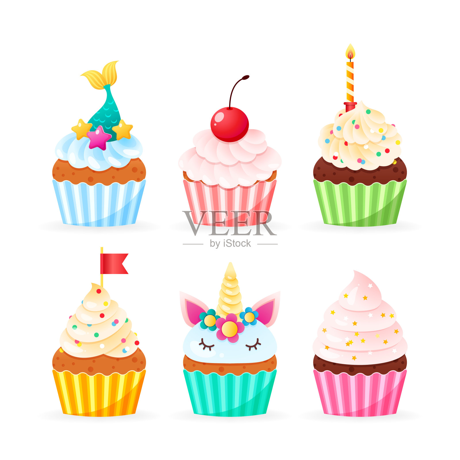 一组卡通纸杯蛋糕图标插画图片素材