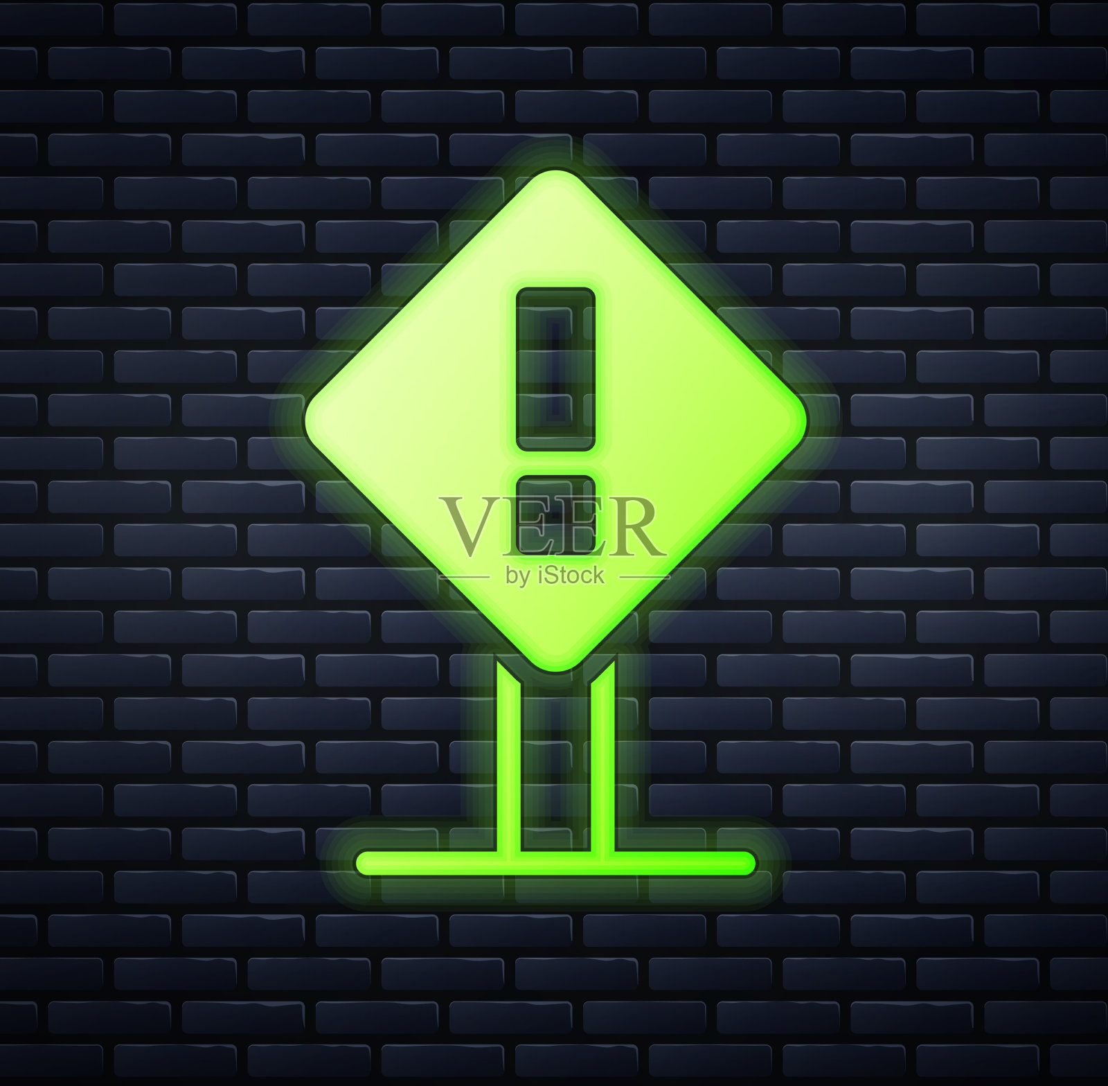 发光的霓虹灯感叹号在正方形框架图标插画图片素材