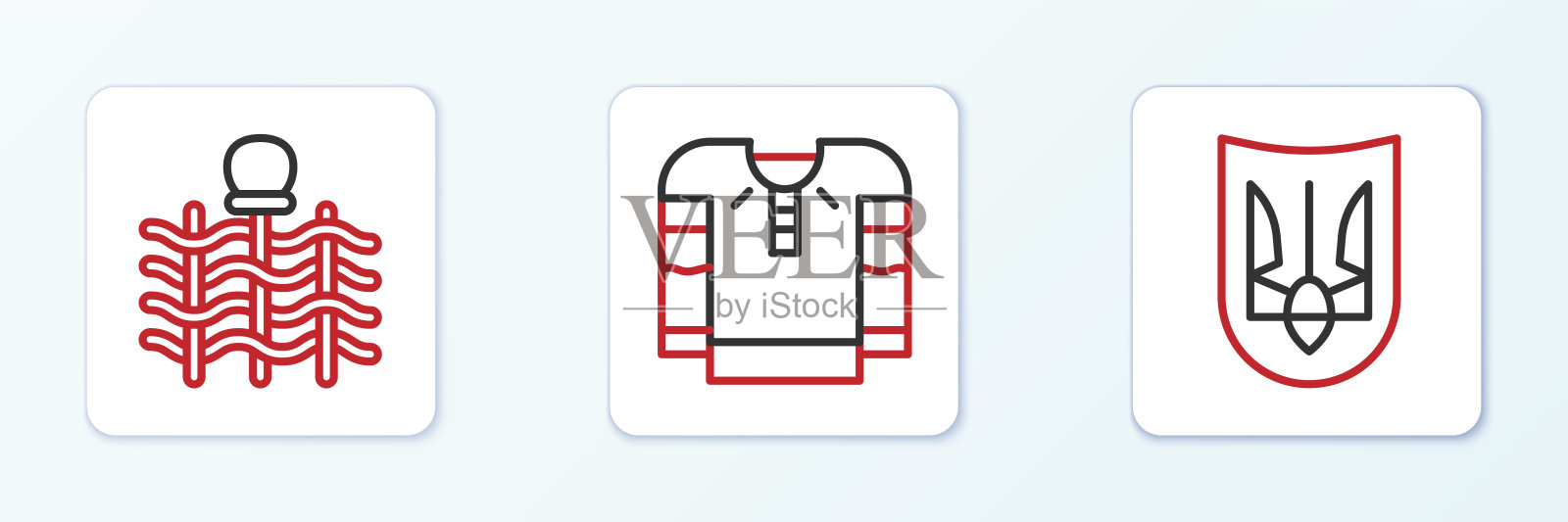 设置线乌克兰三叉戟,柳条栅栏和刺绣衬衫图标。向量插画图片素材