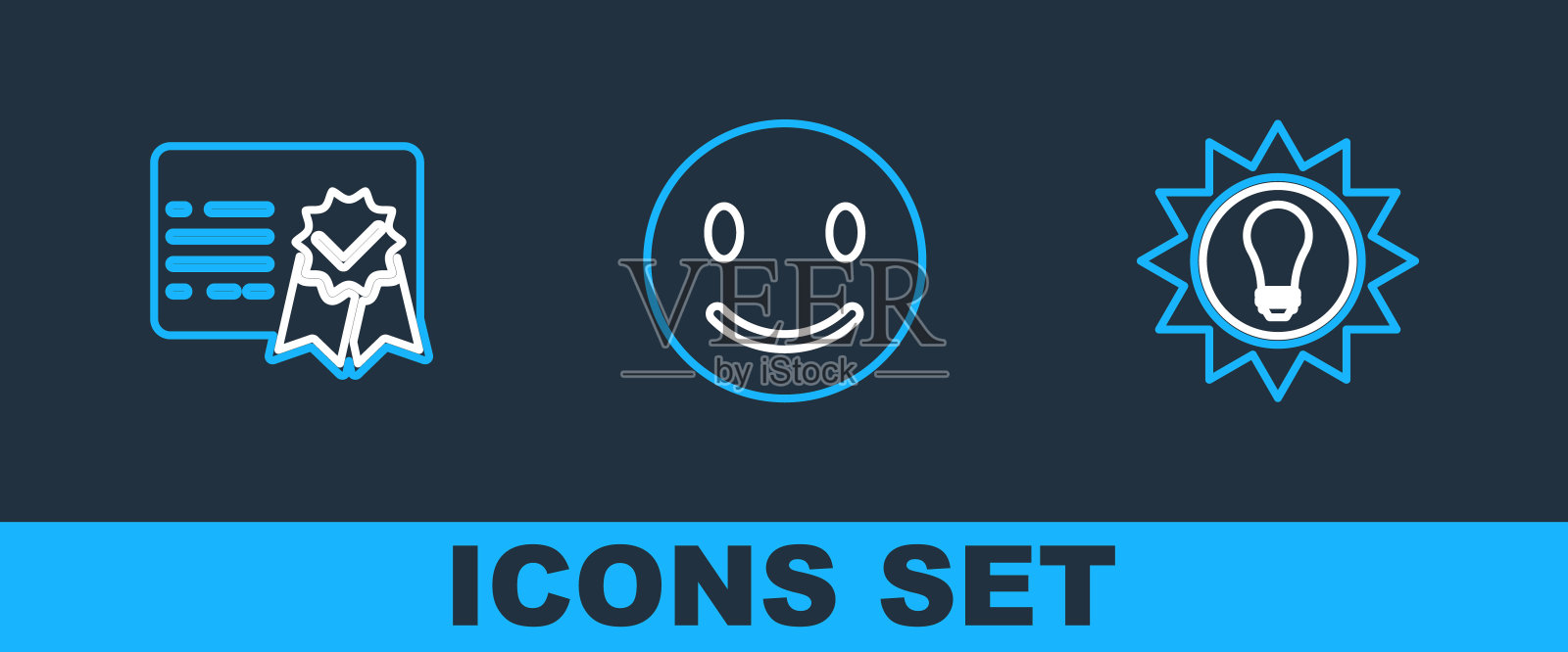 设置线太阳能电池板,证书模板和笑脸图标。向量图标素材