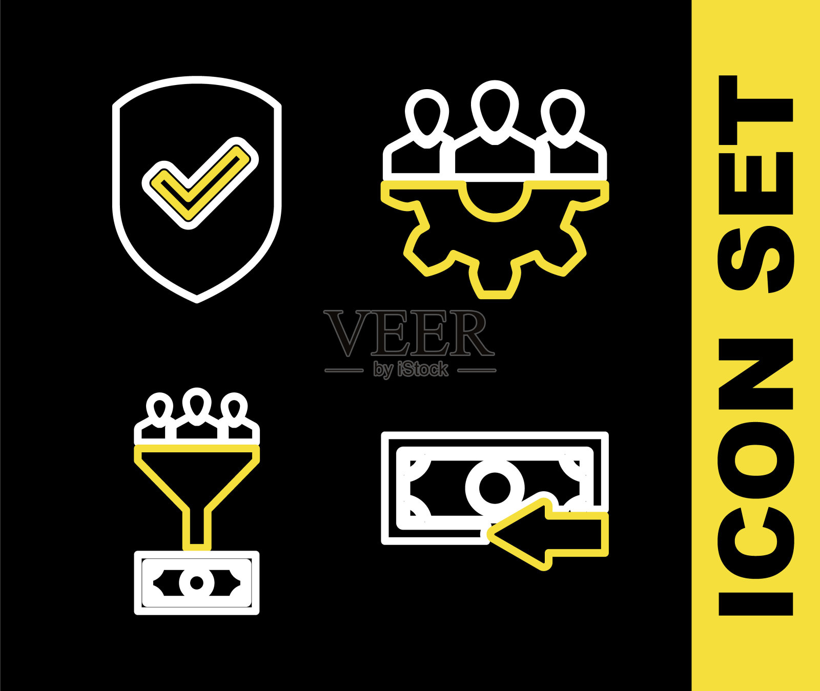 设置线路项目团队基地,现金返还,领导管理和盾与复选标记图标。向量图标素材