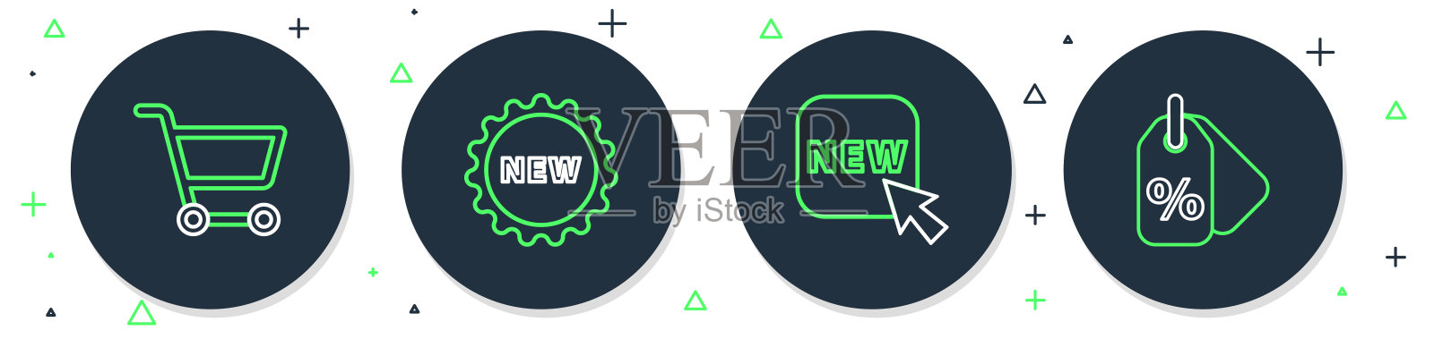 设置行价格标签与文本新,按钮,购物车和折扣百分比图标。向量图标素材