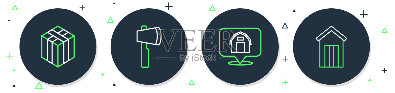 设置线木斧,位置农场房子,捆干草和户外厕所图标。向量图标素材