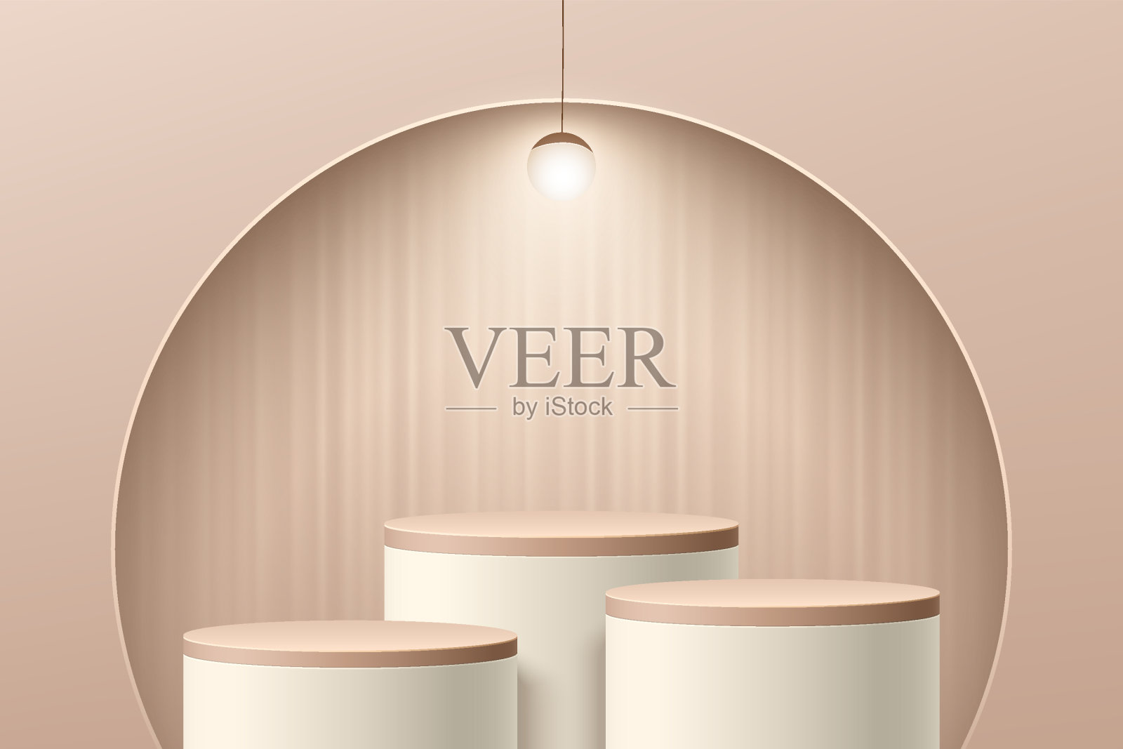 抽象的米色3D房间,以圆柱形底座或站裙台设置在半圆形窗口墙上。最小的场景化妆品产品展示展示。矢量几何绘制平台设计插画图片素材