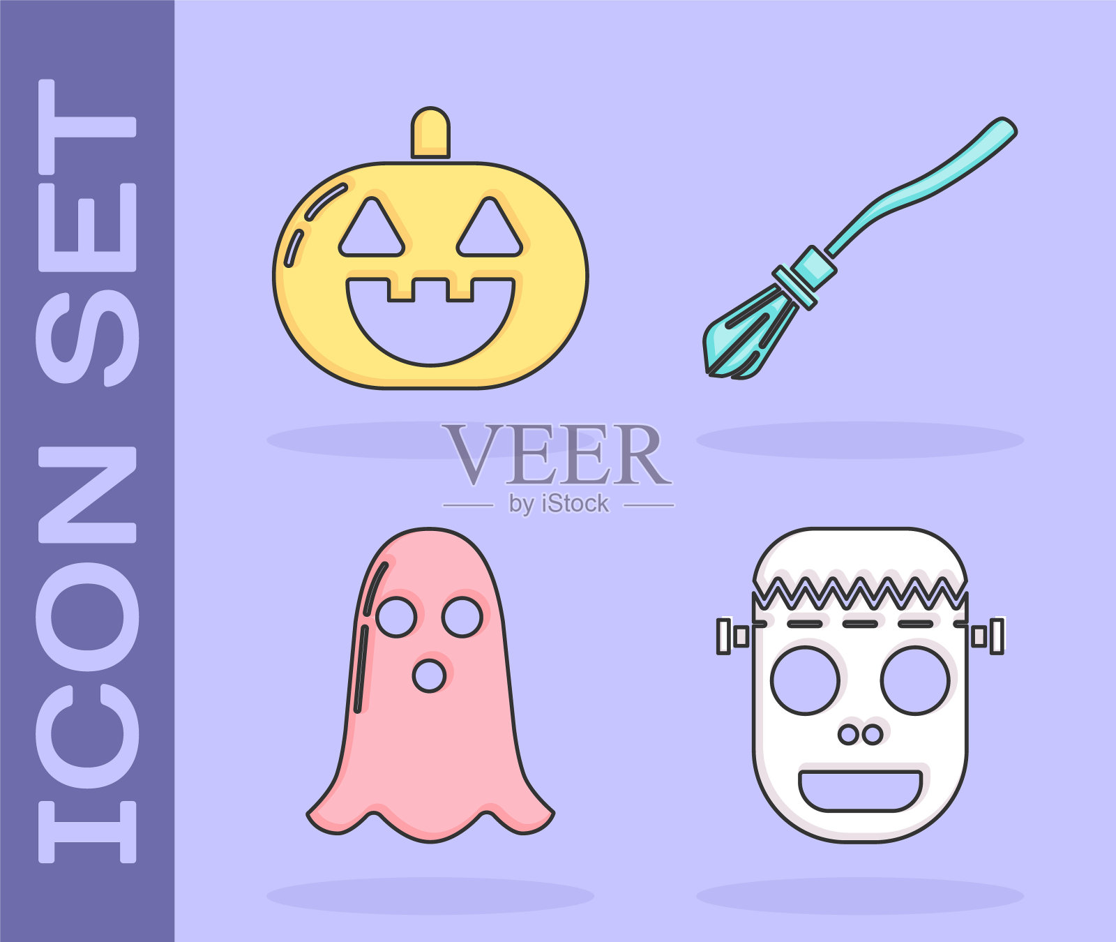 设置僵尸面具,南瓜,幽灵和女巫扫帚图标。向量图标素材
