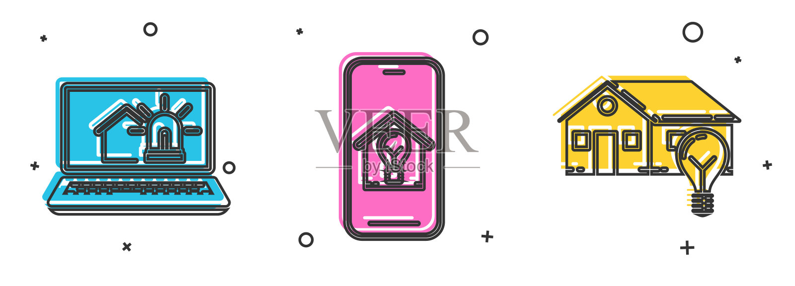 设置笔记本电脑智能住宅和闹钟,手机智能住宅和灯泡,智能住宅和灯泡图标。向量插画图片素材