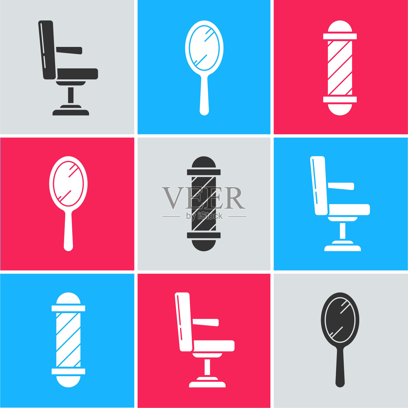 设置理发店椅子,手镜和经典理发店柱图标。向量插画图片素材