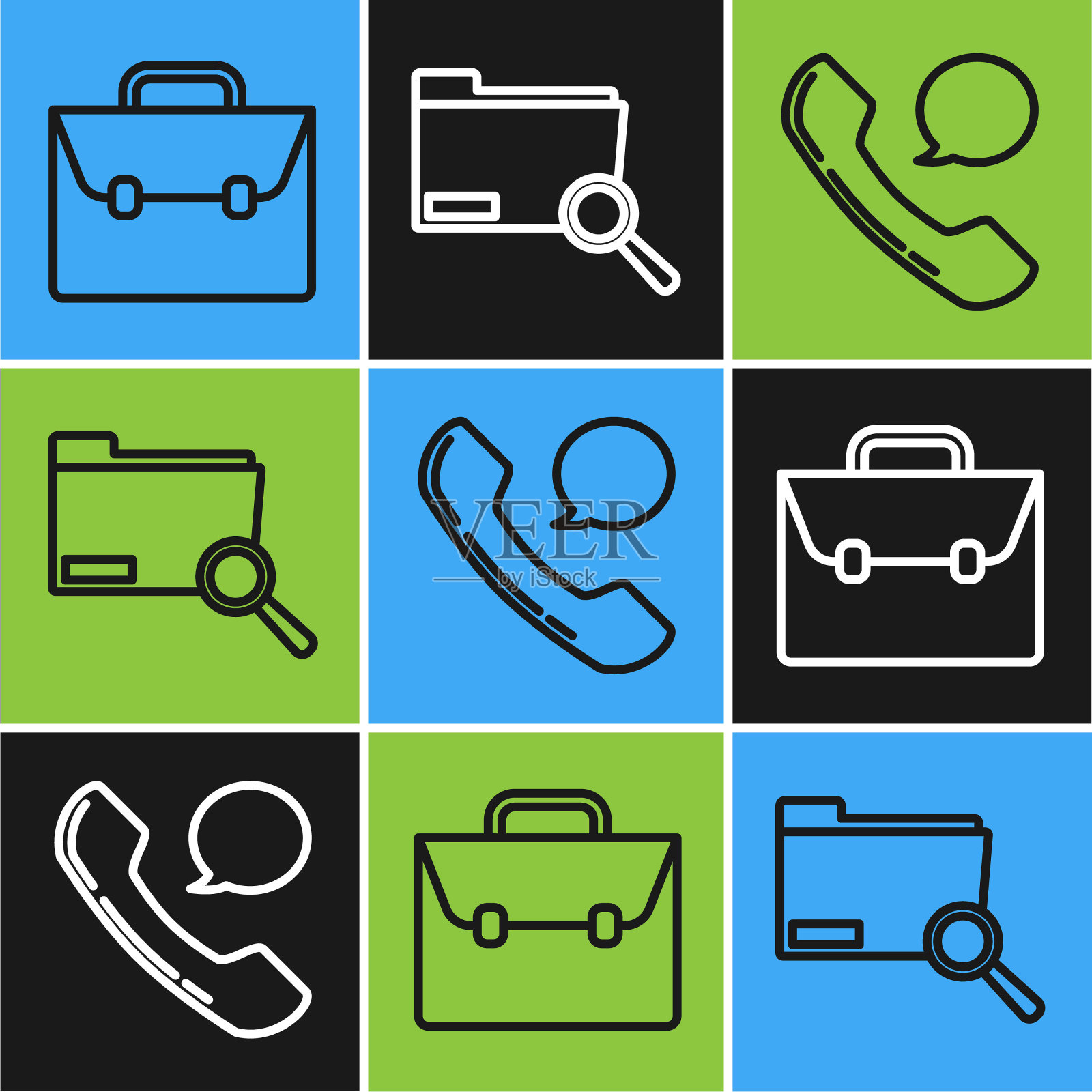 设置线路公文包,电话听筒和语音气泡聊天和搜索概念与文件夹图标。向量插画图片素材