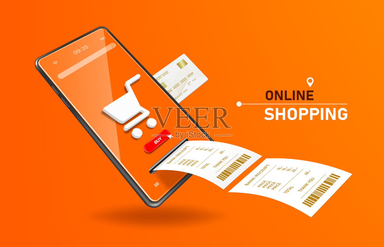 收据从智能手机屏幕上的插槽流出,智能手机屏幕上有购物车图标插画图片素材