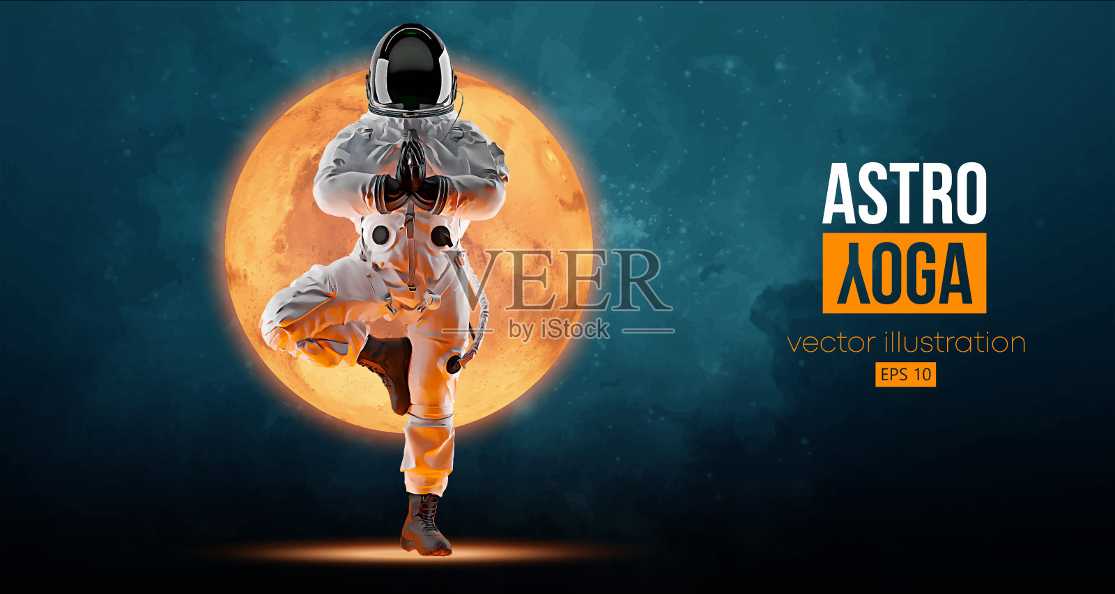 宇航员在火星和太空的背景下做瑜伽。瑜伽练习。矢量图插画图片素材