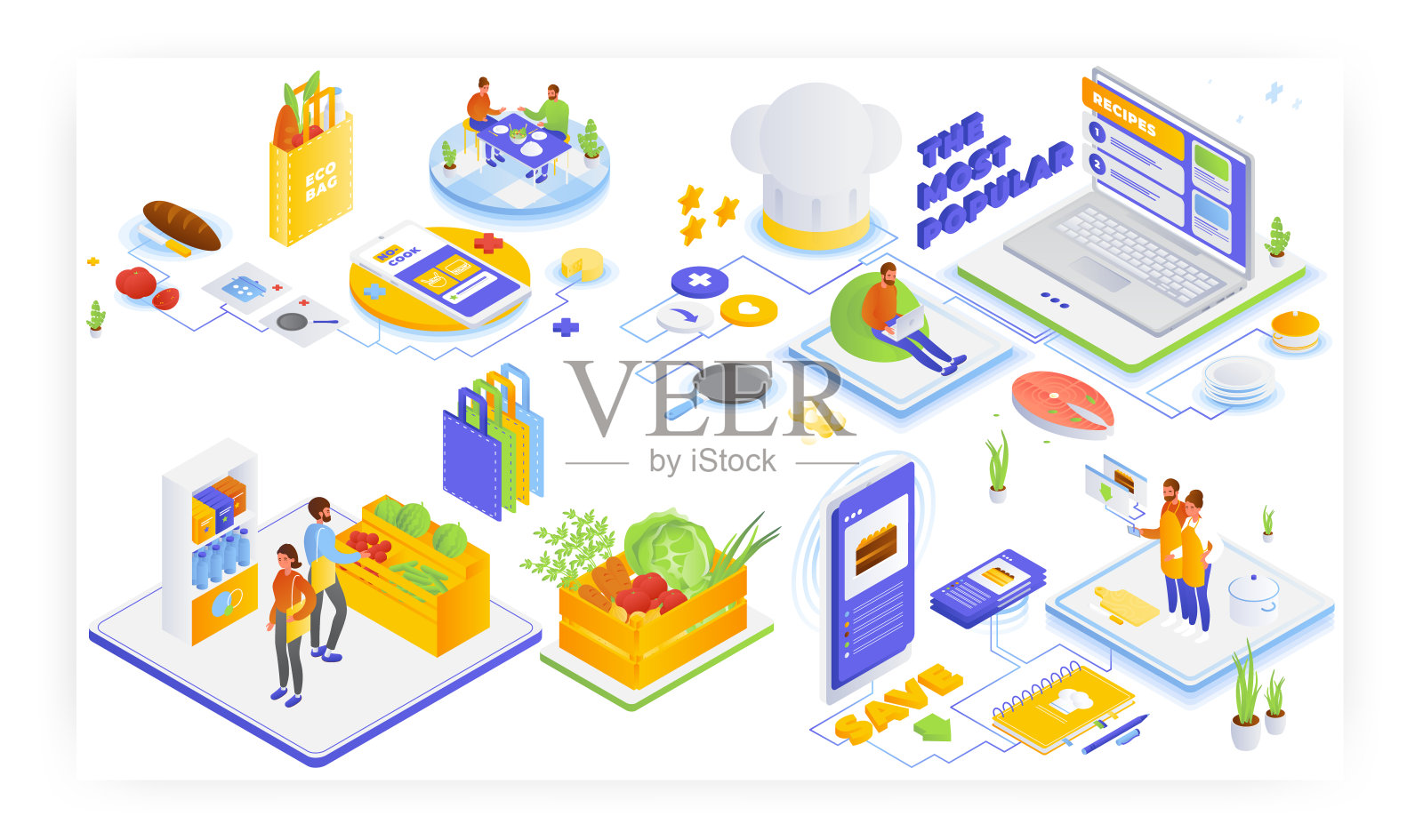 健康的营养。网上流行的食物食谱,烹饪书籍,快速和容易没有烹饪晚餐的想法,矢量插图。插画图片素材