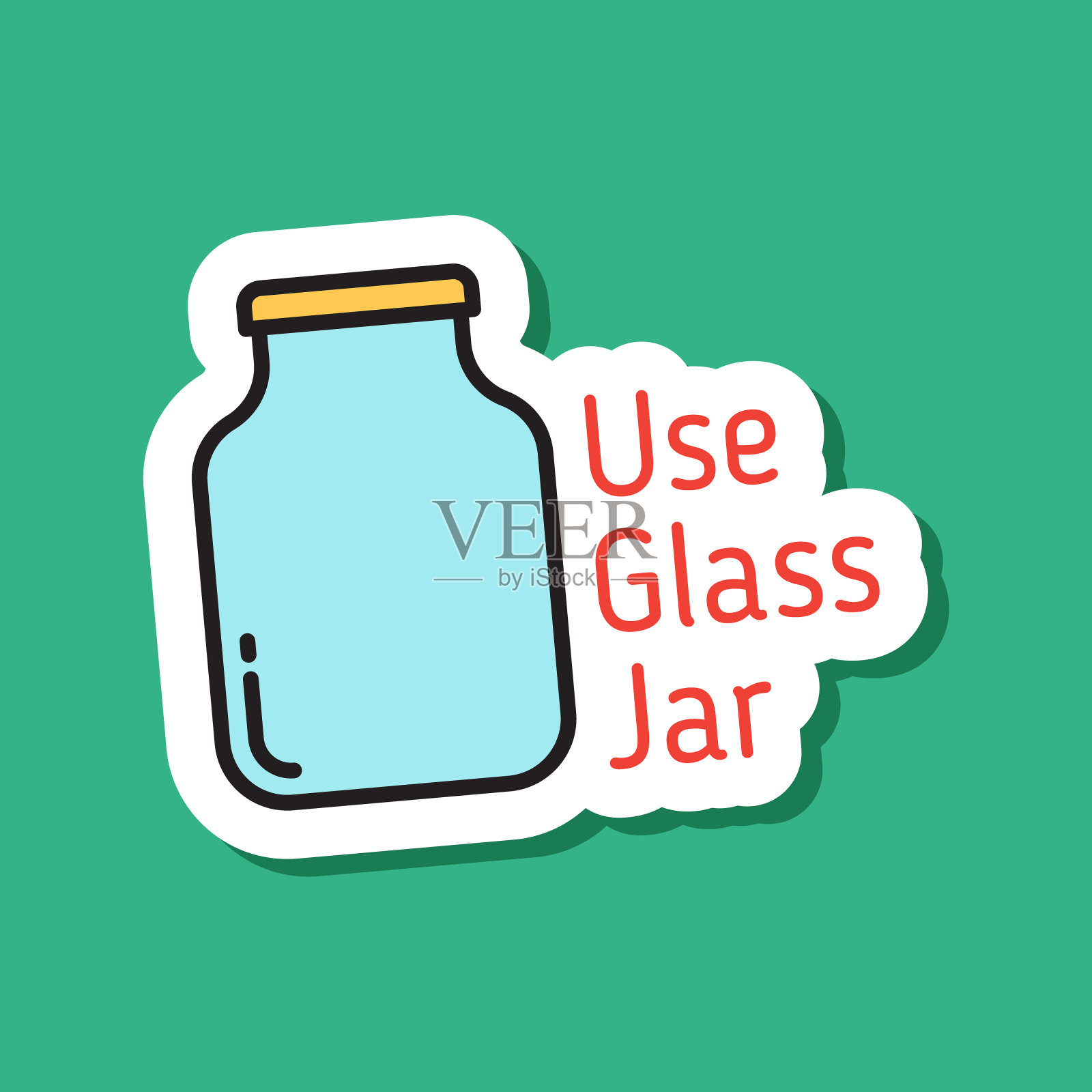 使用玻璃罐颜色矢量生态贴纸。使用玻璃罐颜色填充贴纸与绿色背景的阴影。走绿色、无塑料、零废弃物的环保理念插画图片素材