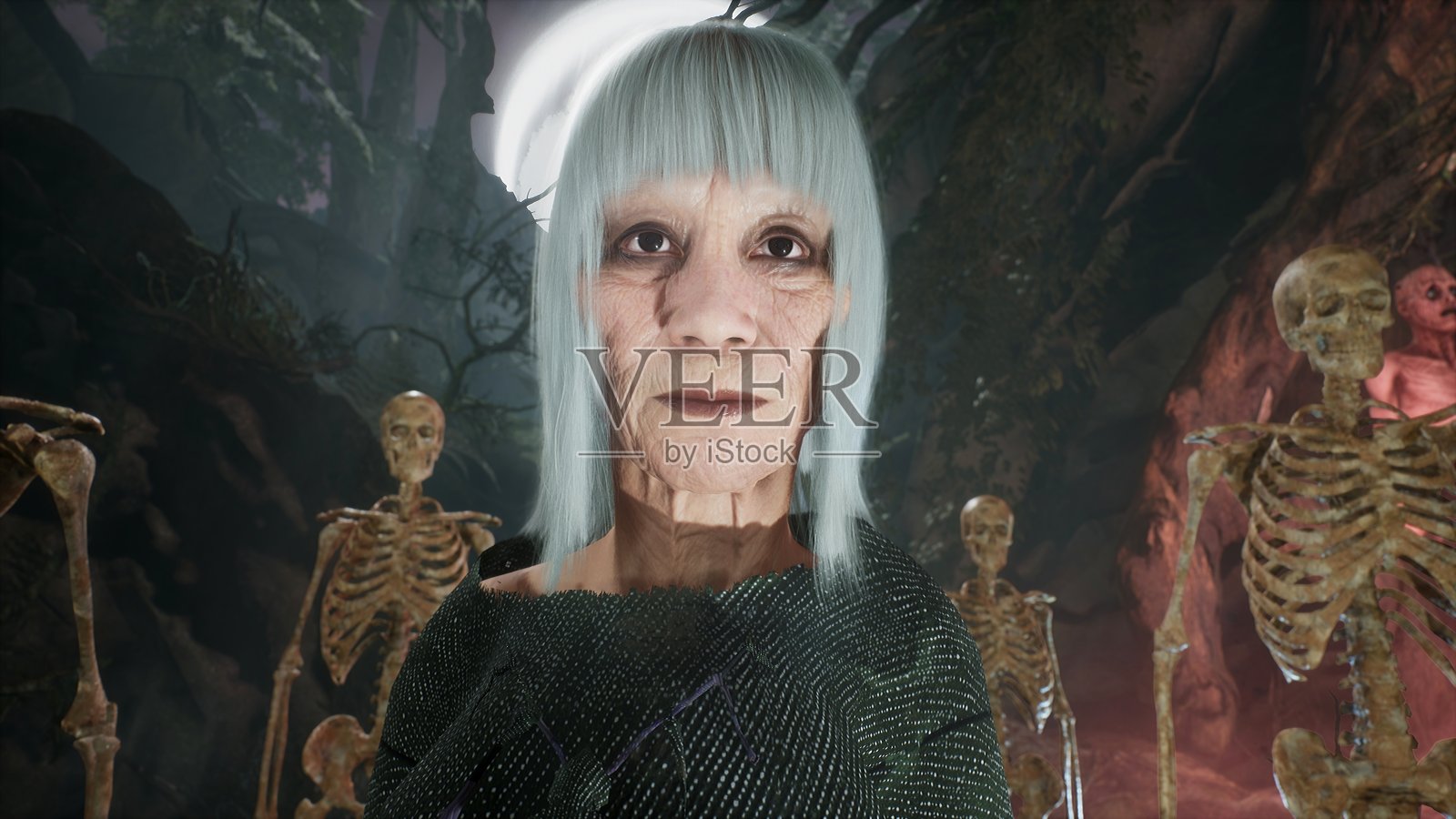 老女巫和她的骷髅朋友祝你有一个愉快和有趣的万圣节之夜。万圣节恐怖的概念。3 d渲染。照片摄影图片