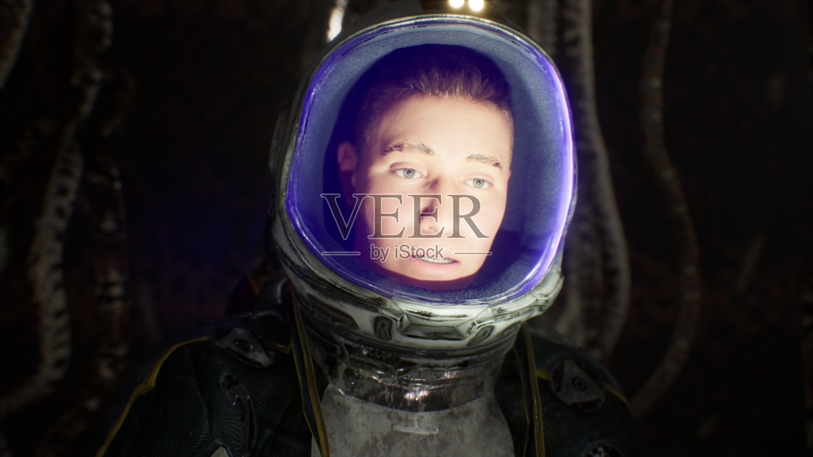 一名宇航员走过一个可怕的外星洞穴,那里居住着噩梦般的生物。殖民尚未探索的遥远星球的概念。这张照片非常适合太空和科幻背景。三维渲染照片摄影图片