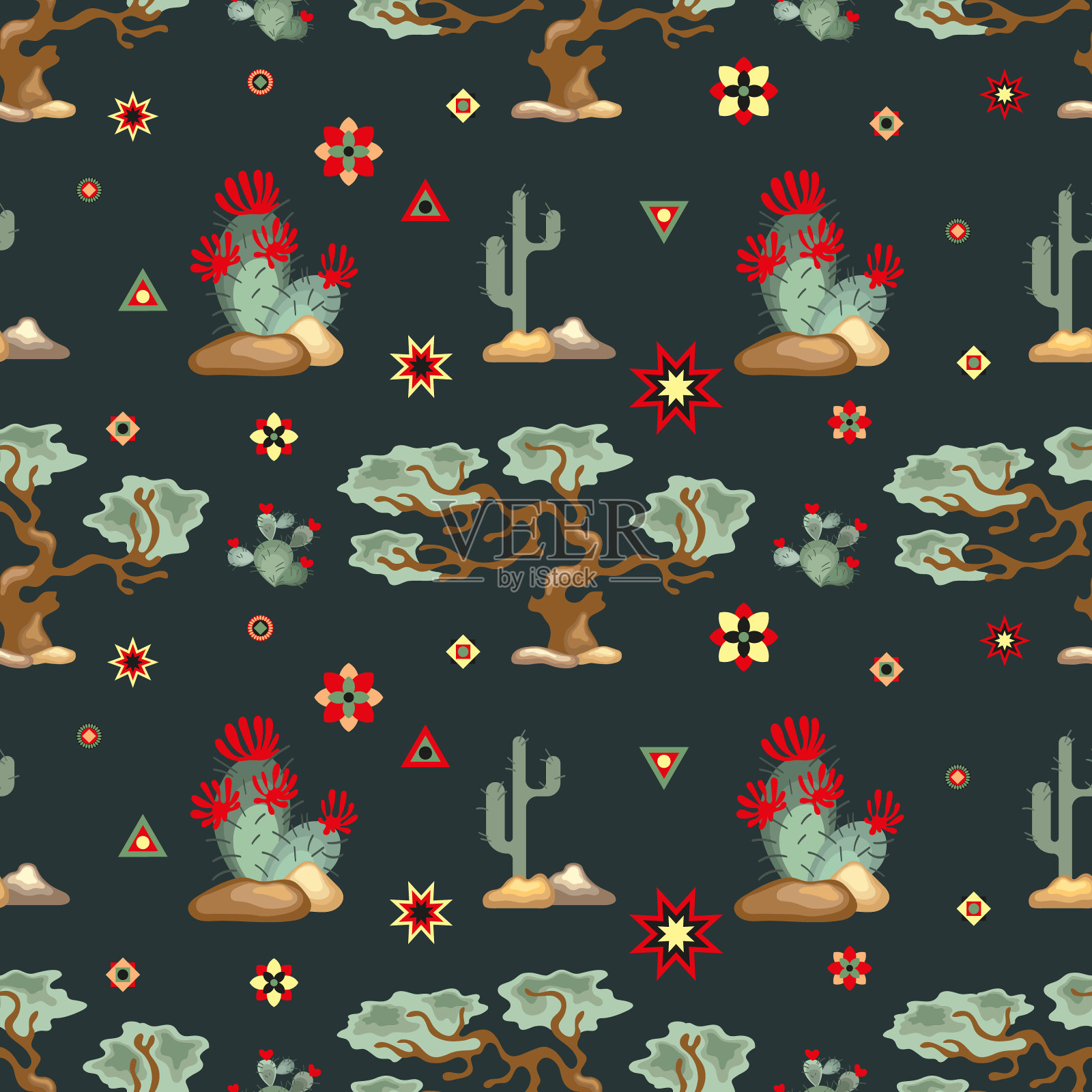 无缝模式与沙漠植被在黑暗的背景插画图片素材