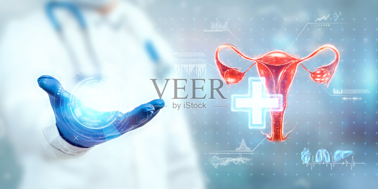 医生看女性子宫的全息图,检查检查结果。卵巢疾病,宫外孕,痛经,手术,创新技术,未来医学。照片摄影图片