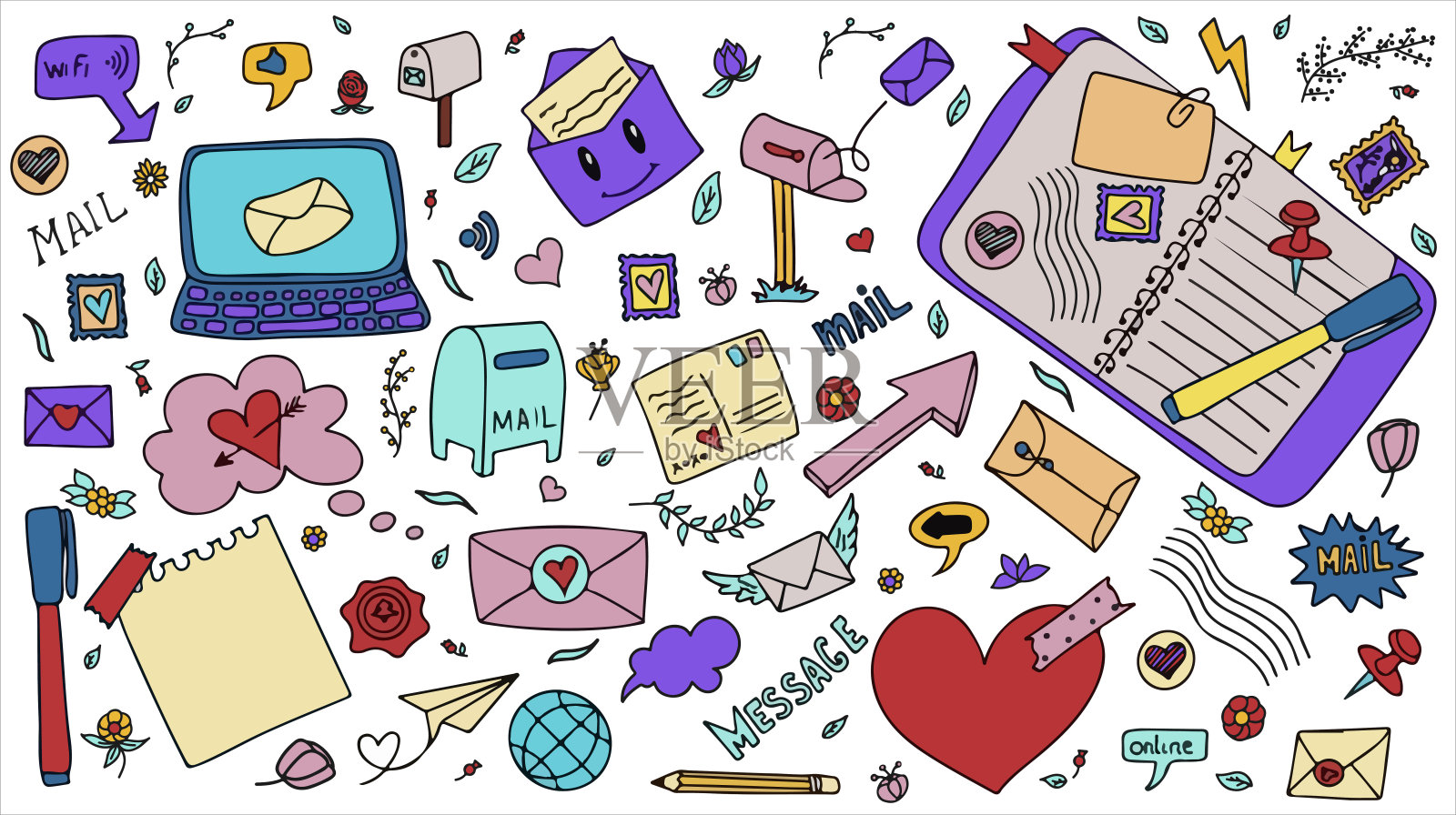 一组矢量邮件涂鸦。带纸信封、信件、电子邮件的图标。在画有邮件的笼子里放着儿童笔记本。手绘元素的电子邮件插画图片素材