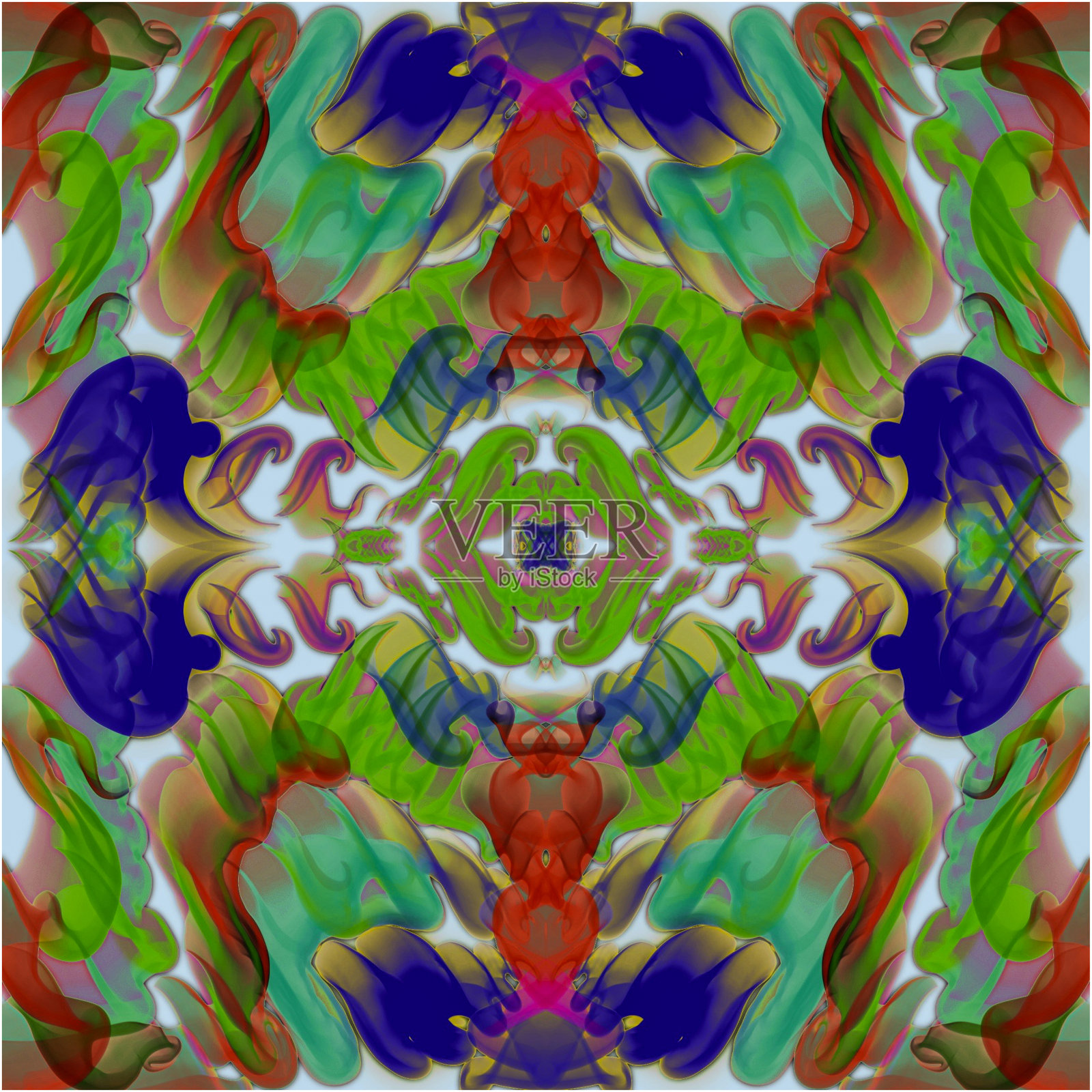 白色背景上的彩色装饰元素,抽象对称的图案,迷幻的风格,手绘在图形平板上,用于创建图案,包装装饰,印刷产品,横幅和传单,纺织品插画图片素材