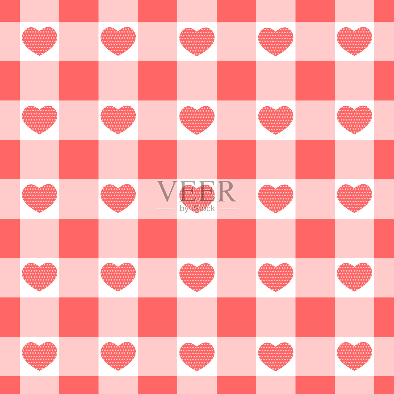 维希无缝图案点缀心形。花格情人节纹理野餐毯,台布,格子。面料背景,复古的方格布设计插画图片素材