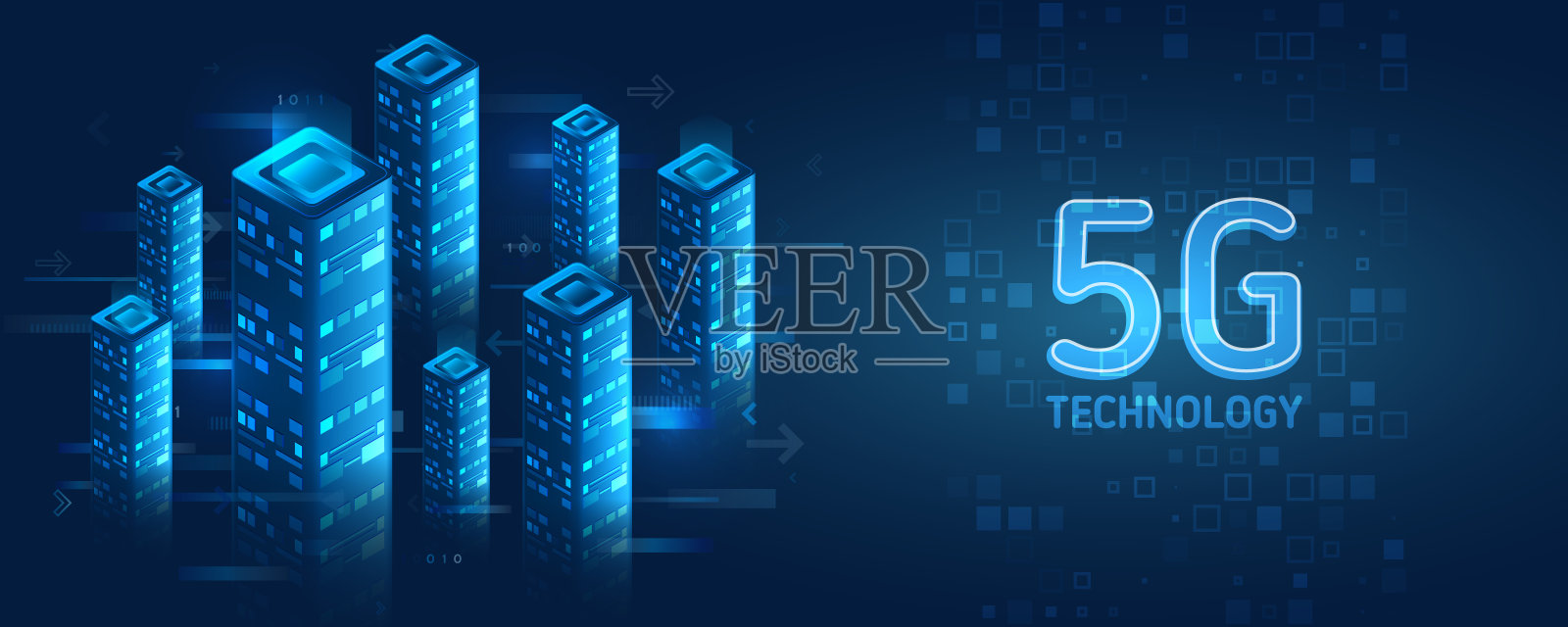 全球无线标准。蓝色背景上的高科技通讯插图。这个虚拟城市是由技术元素连接起来的。5G高速信息传输技术。插画图片素材