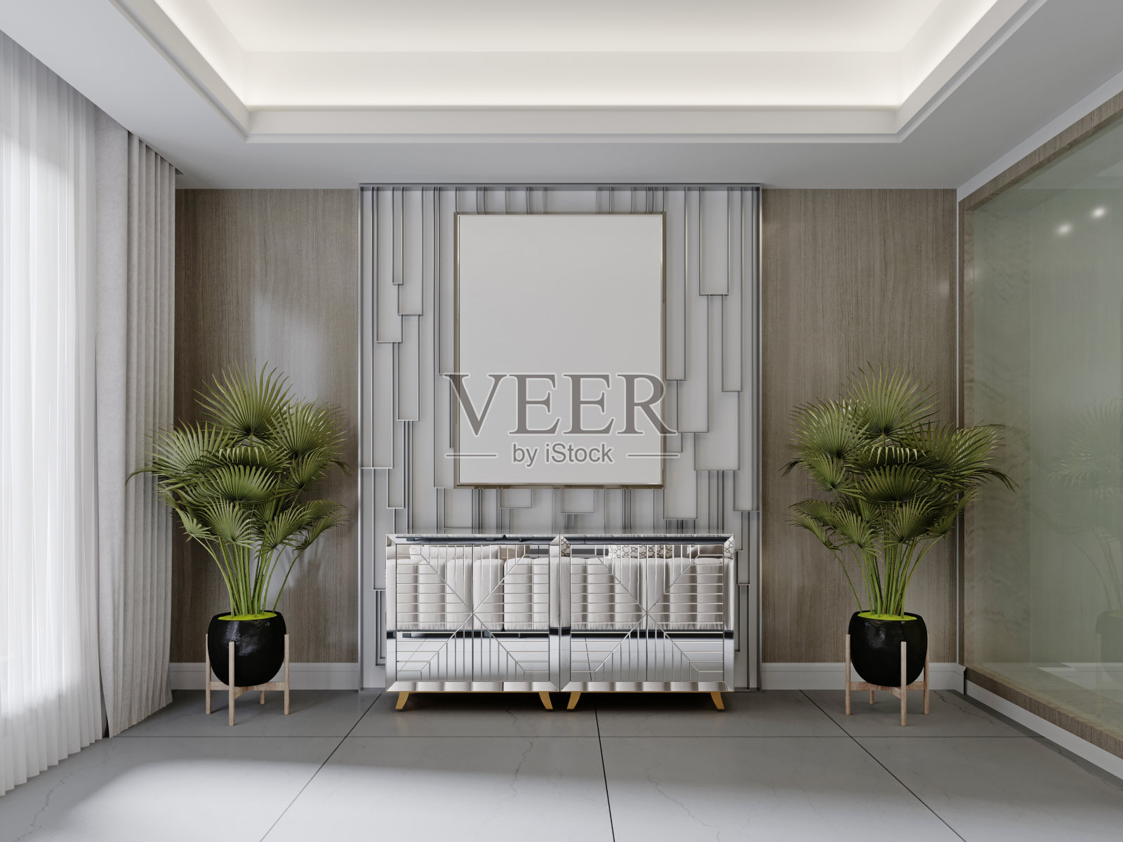 镀铬镜面抽屉柜,装饰墙上有一幅空画和两个花盆。照片摄影图片