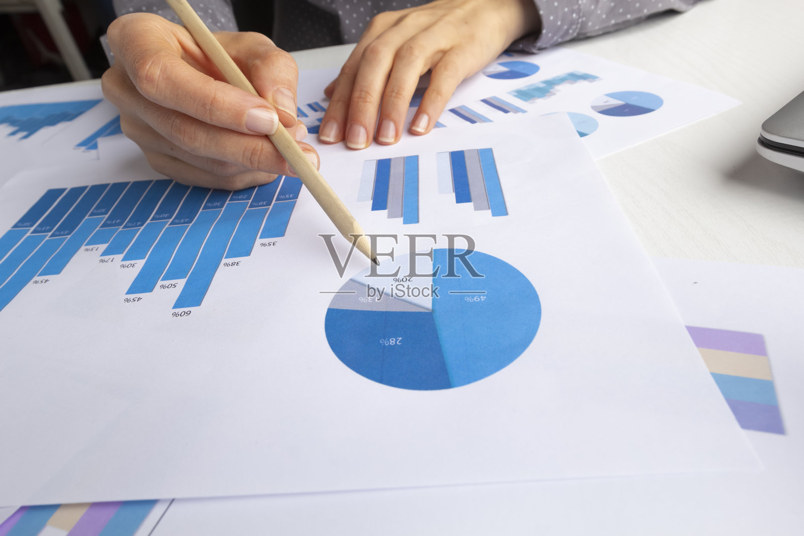 女商人分析项目统计数据,销售图表,财务报告。照片摄影图片