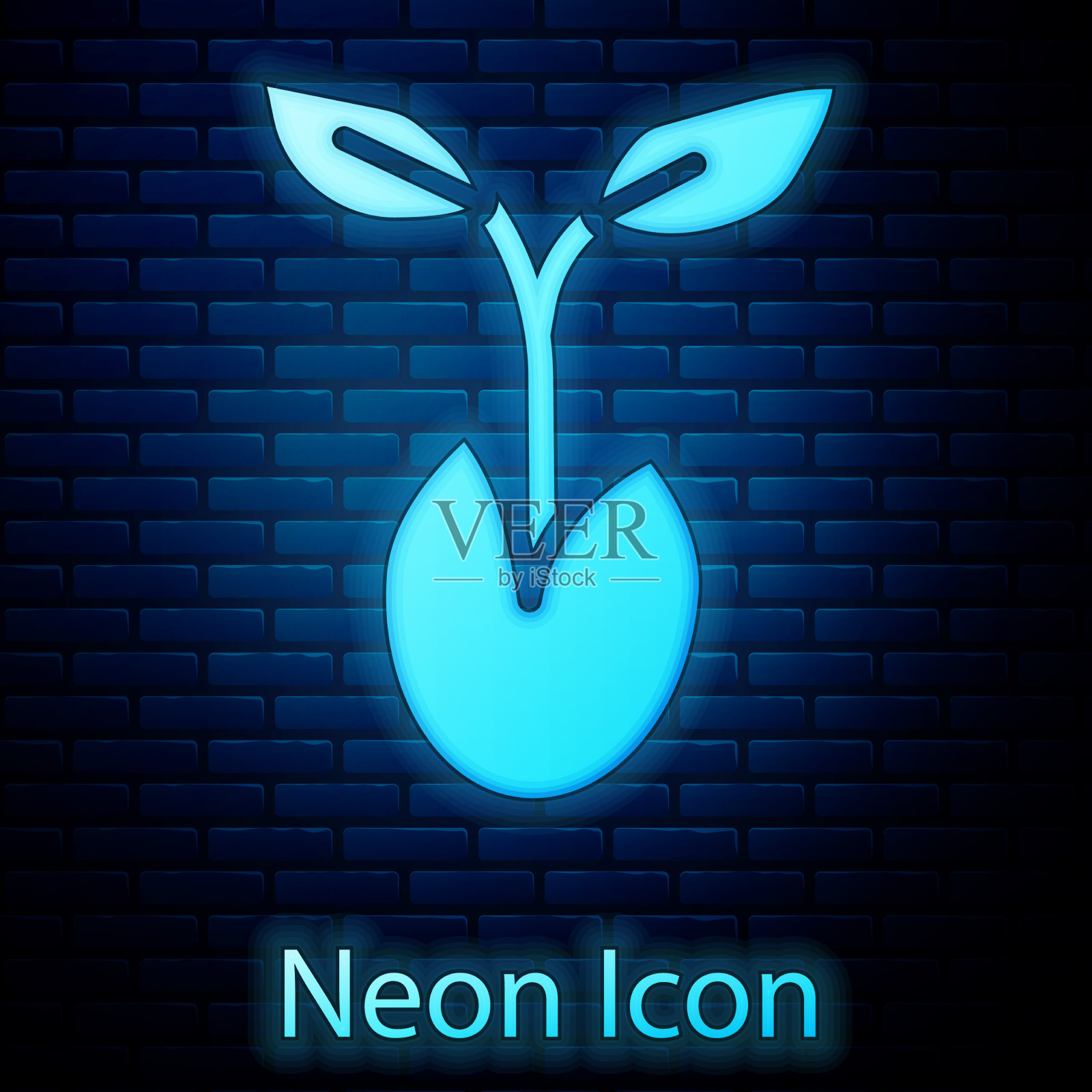 发光的霓虹灯发芽图标孤立在砖墙上插画图片素材