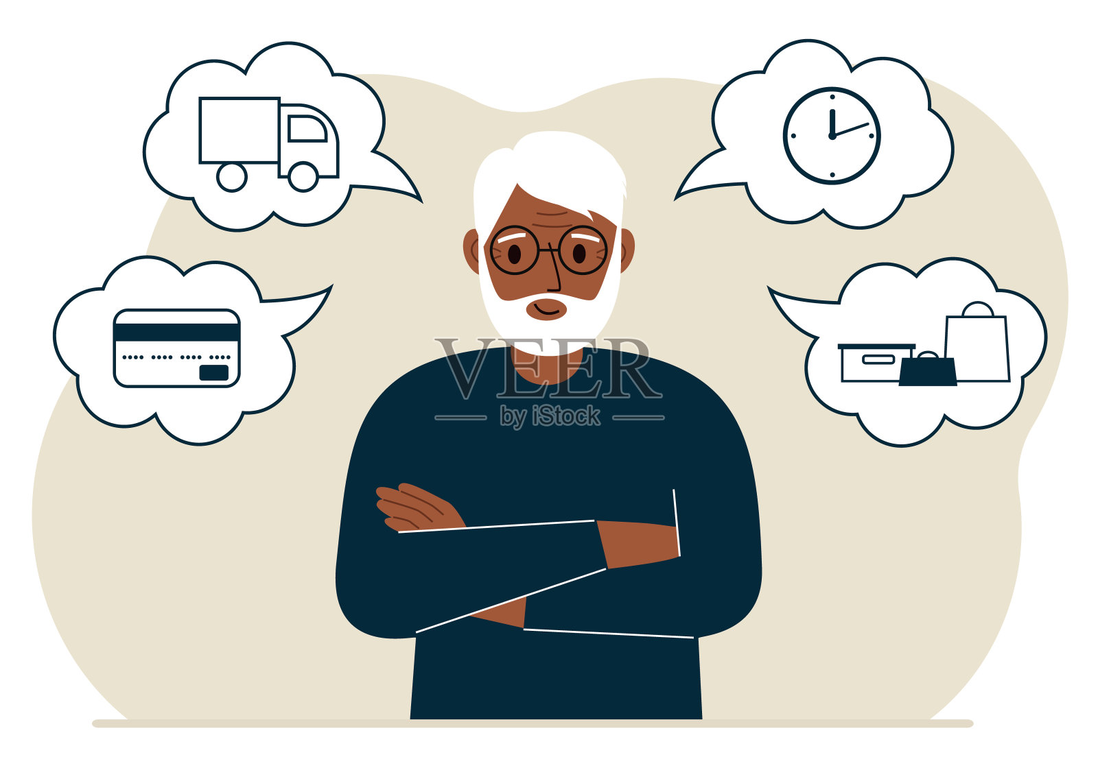 订购和交付过程概念。爷爷,祝你生日快乐。付款,送货车,等待时间,商品和购买。插画图片素材