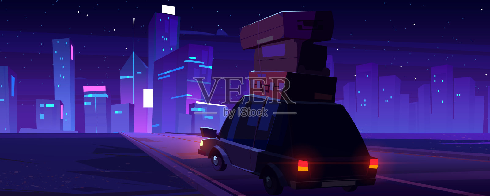 晚上,在通往城市的路上,车顶上放着行李插画图片素材