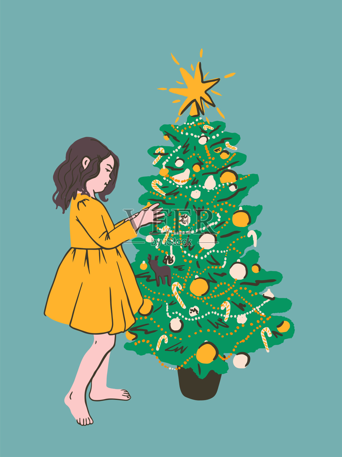 可爱的孩子用装饰品装饰圣诞树。穿着公主裙的年轻女孩。圣诞节或新年的庆祝概念。节日贺卡。平面矢量插图,用于卡片,海报,网页插画图片素材